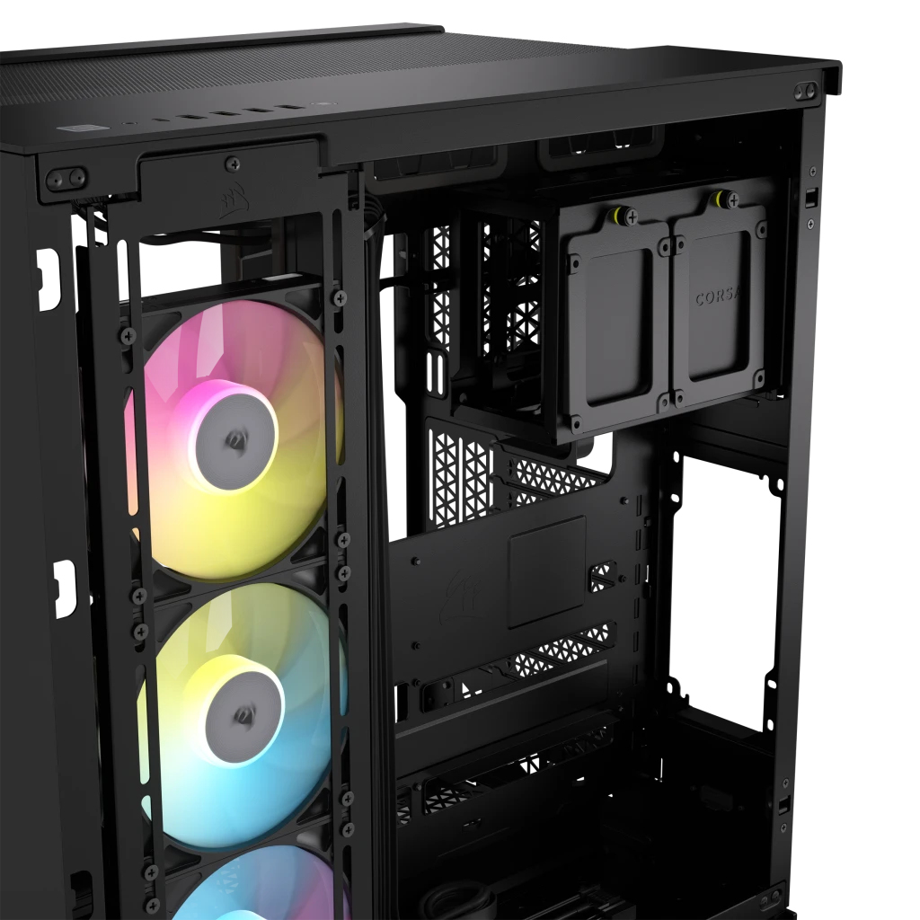 Un case per computer nero con ventole RGB sul davanti e alloggiamenti per unità in alto.