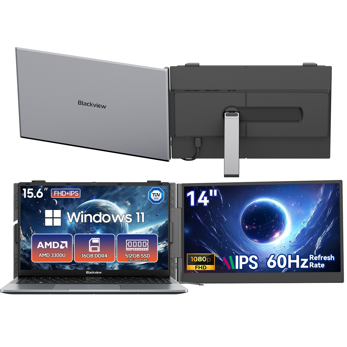 Ein Laptop mit Windows 11, 15,6" FHD+IPS-Bildschirm und einem zweiten 14" FHD IPS-Bildschirm.