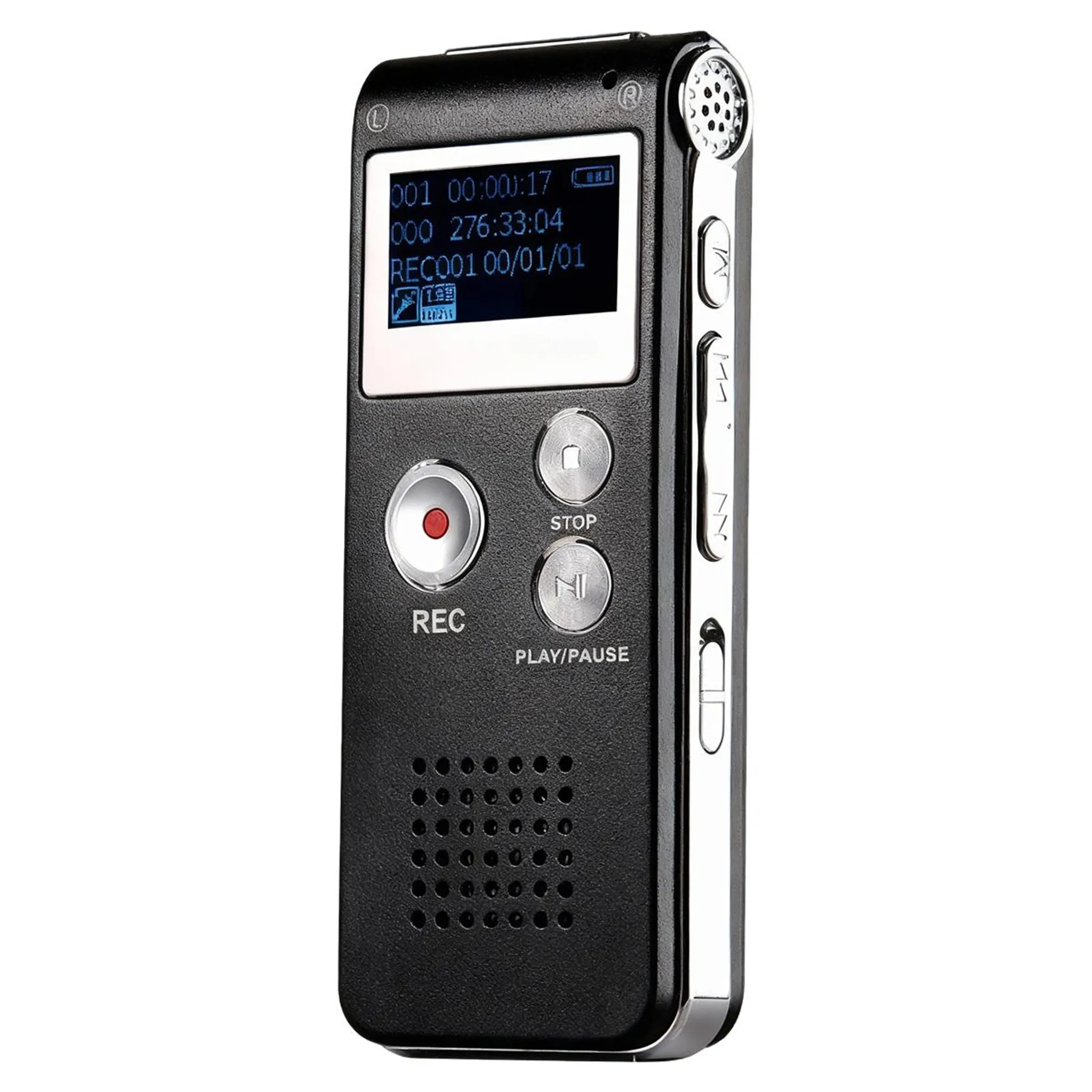 Schwarzer digitaler Rekorder mit Bildschirm, REC-, STOP- und PLAY/PAUSE-Tasten.