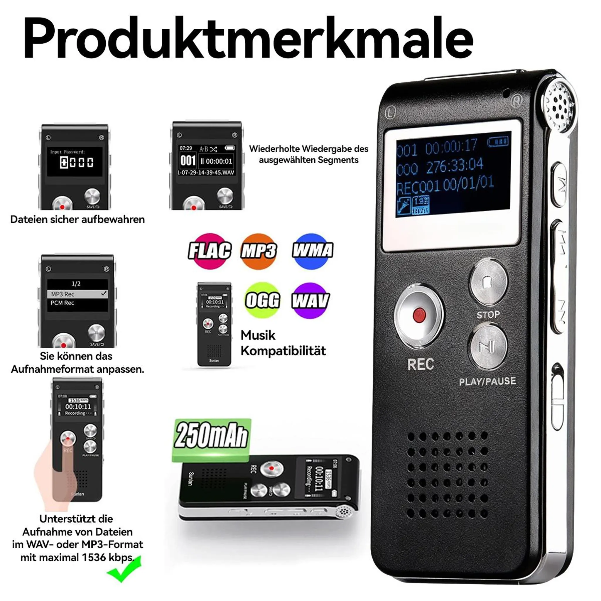 Produktmerkmale: Rekorder mit Display, Tasten, Musikformat-Icons und Akku-Anzeige.