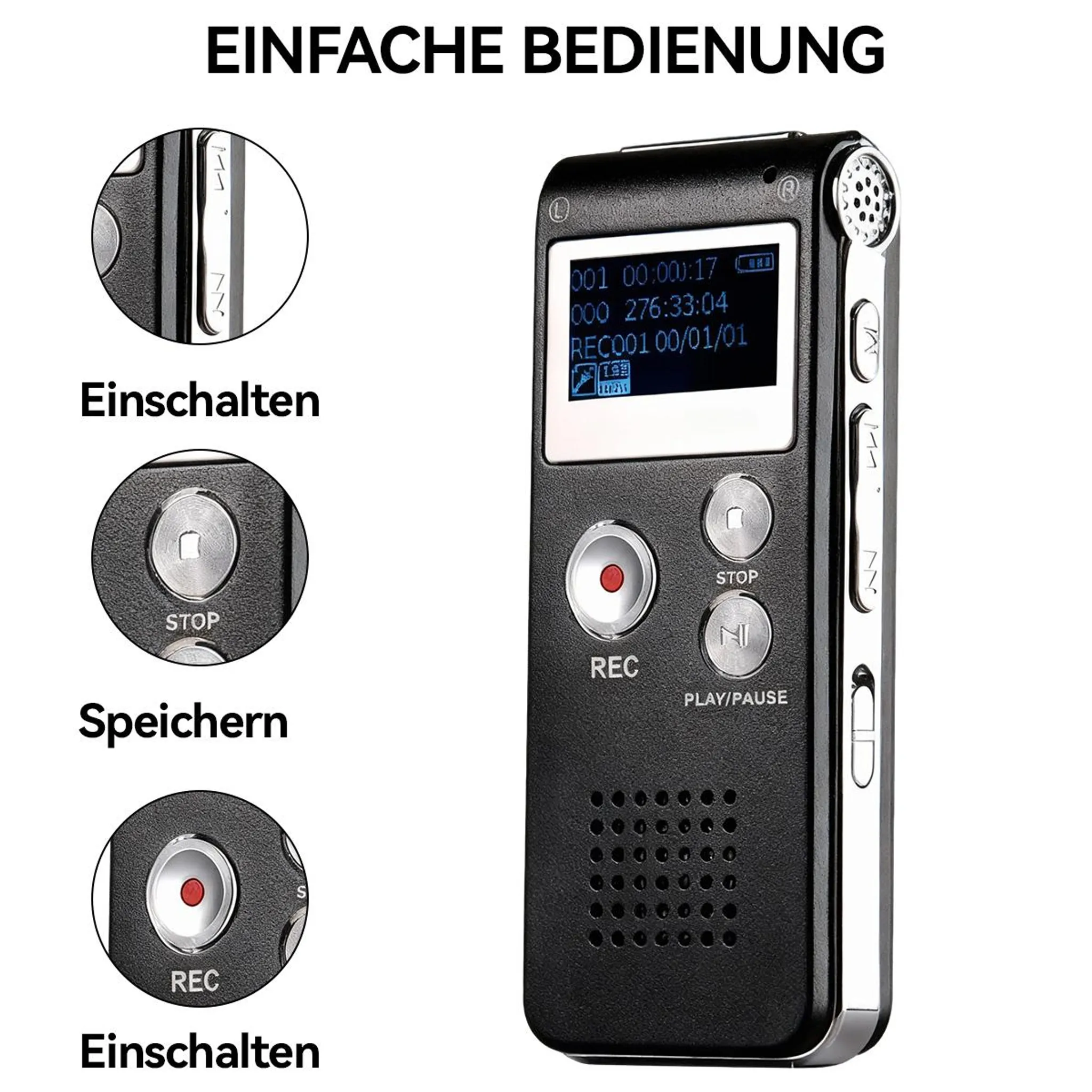 Schwarzer digitaler Recorder mit Bedienelementen und LCD-Bildschirm, der Aufnahmedetails anzeigt.