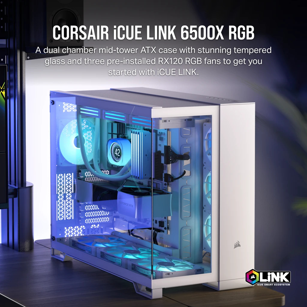 Un case ATX bianco con frontale in vetro, illuminato da ventole RGB blu.