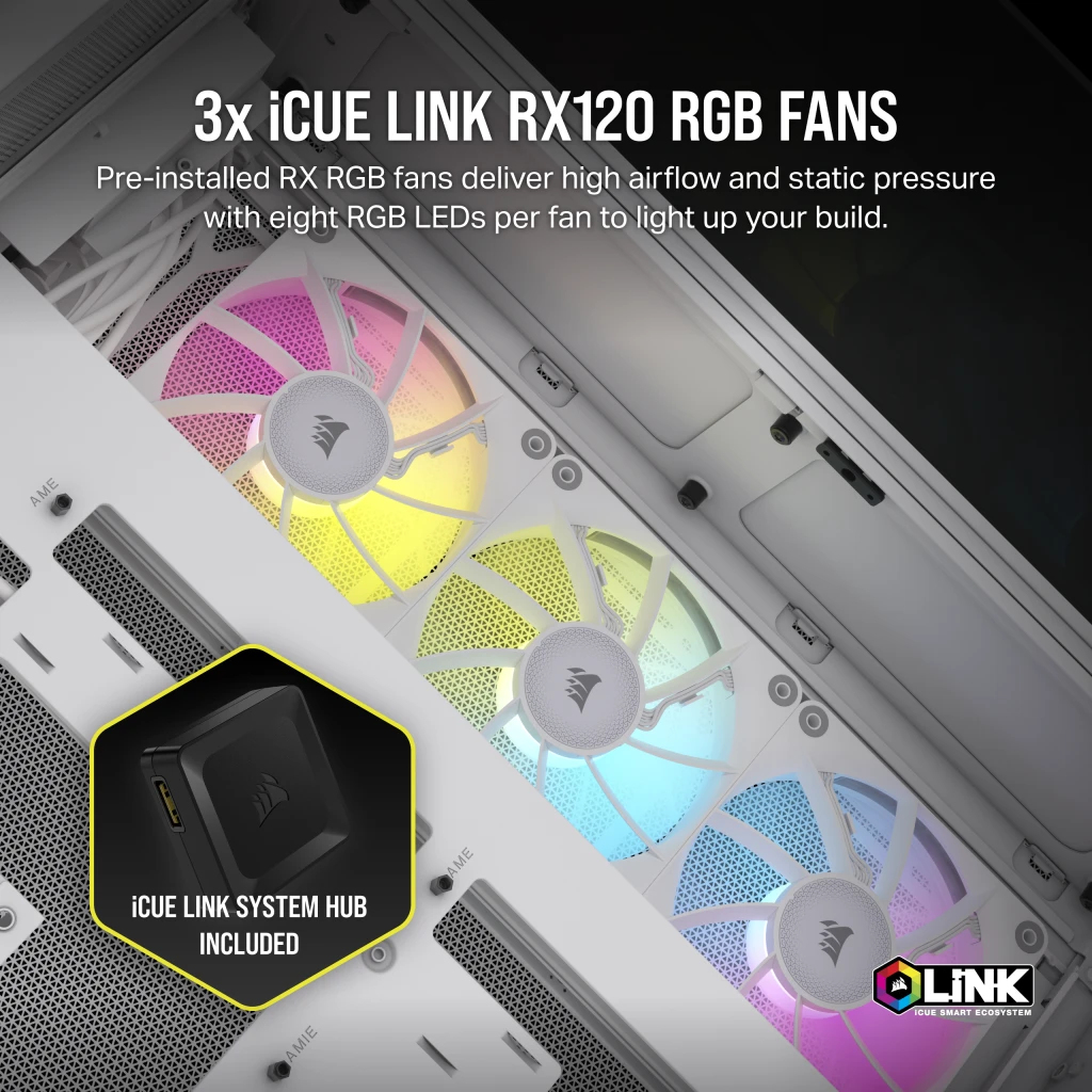 Tre ventole RGB bianche con colori sfumati e un hub nero all'interno di un case bianco.