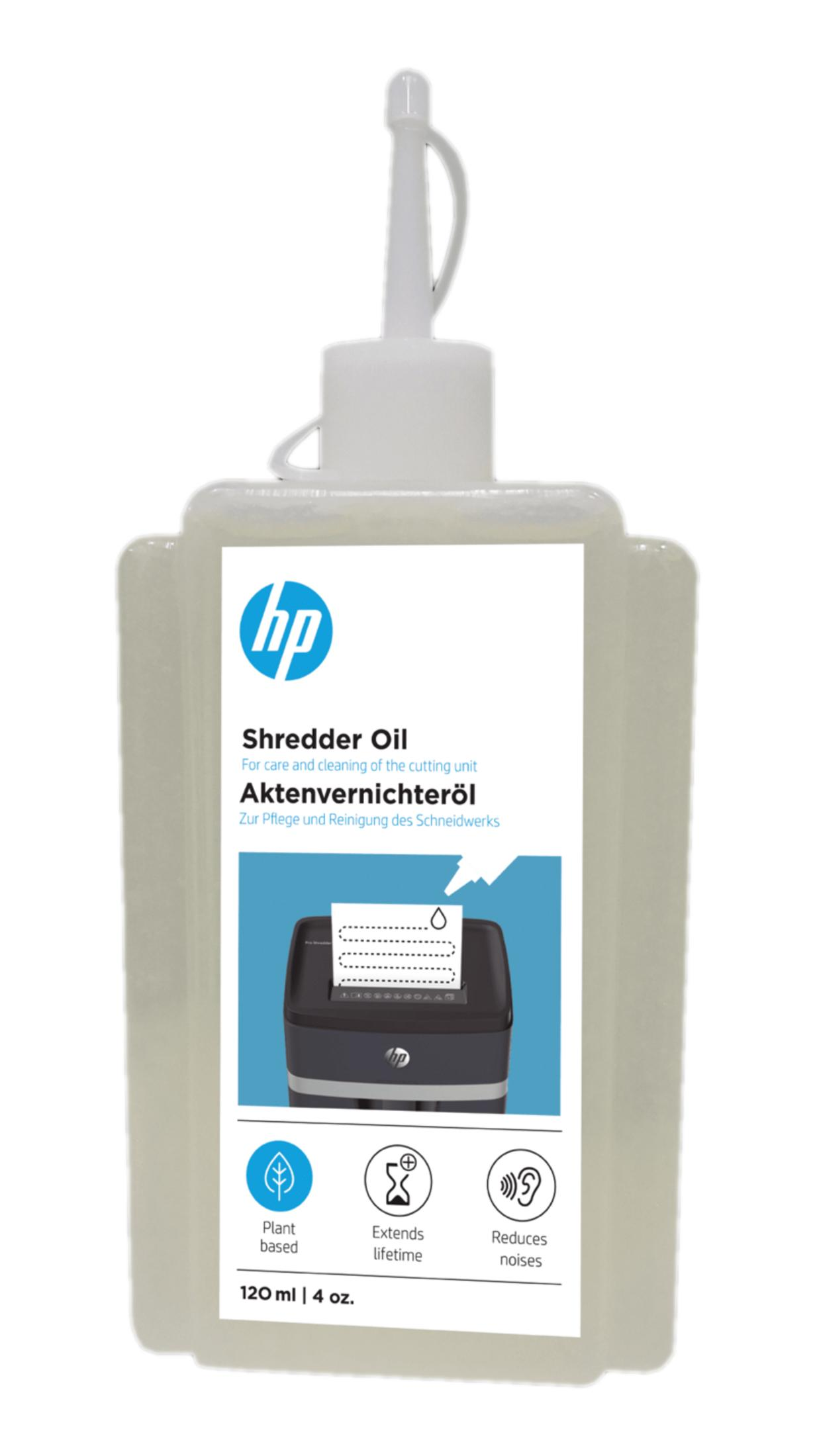 Flacone di olio per distruggidocumenti HP, 120 ml, con beccuccio ed etichetta.