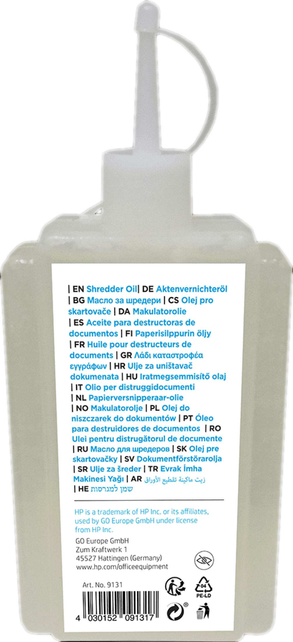 Flacone di olio per distruggidocumenti HP con etichetta multilingue e codice a barre.