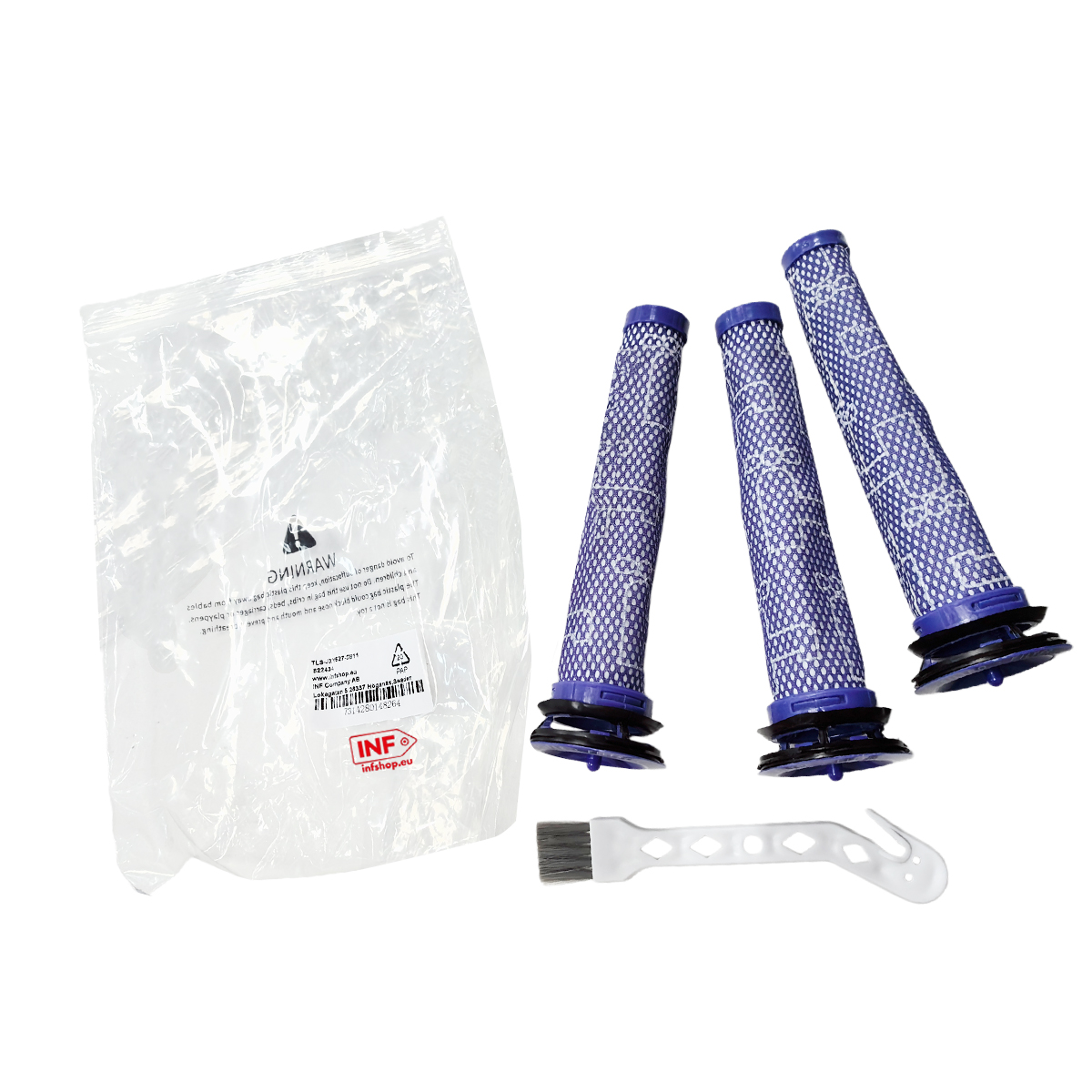 Plastikowa torba z trzema fioletowymi filtrami do odkurzacza i szczotką.