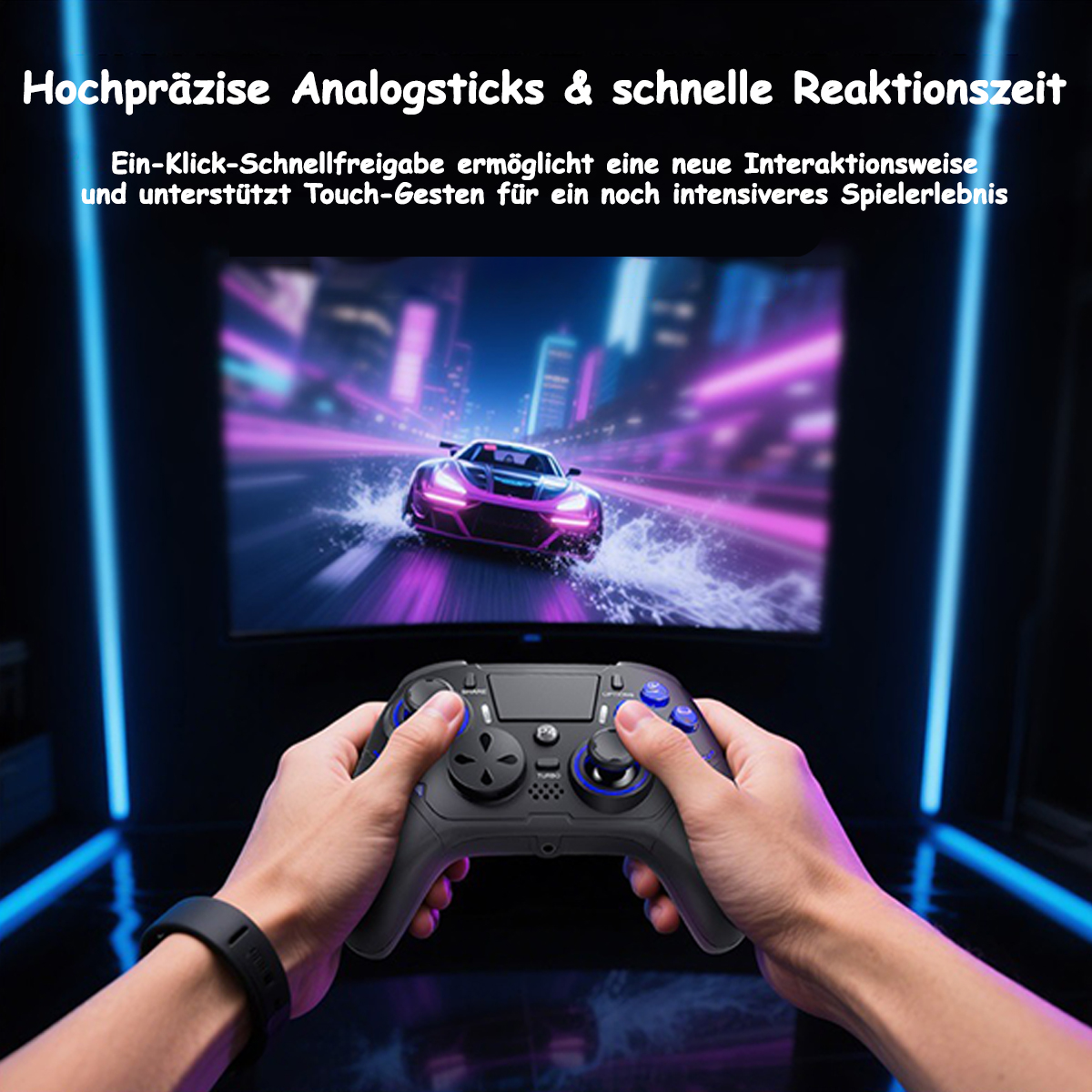 Hände halten einen Gamecontroller und spielen ein Rennspiel auf einem Bildschirm mit Neonlichtern.