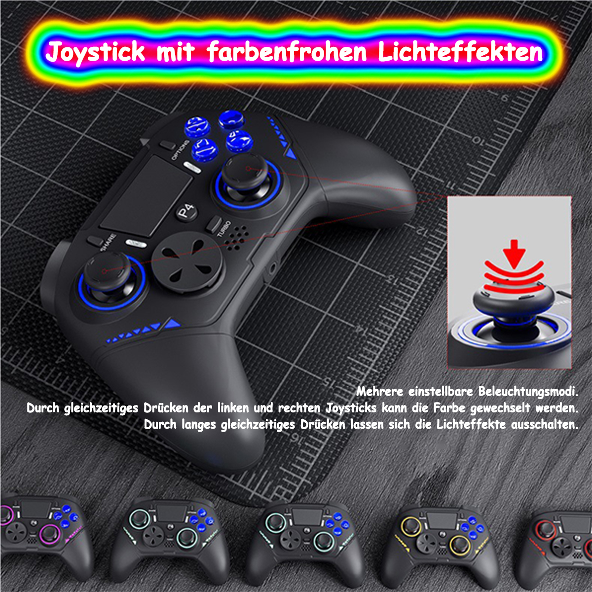 Schwarzer Gaming-Controller mit blauen Lichtern und farbigen Text-Overlays.