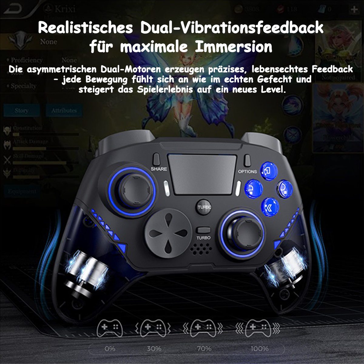 Ein schwarzer Gaming-Controller mit blauen Lichtern, der auf einem Spielbildschirm angezeigt wird.