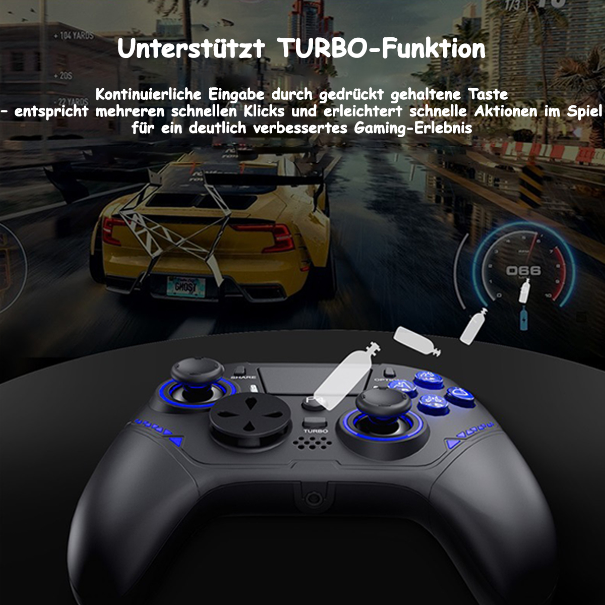 Ein Gamecontroller liegt im Vordergrund, dahinter ein gelbes Rennauto.