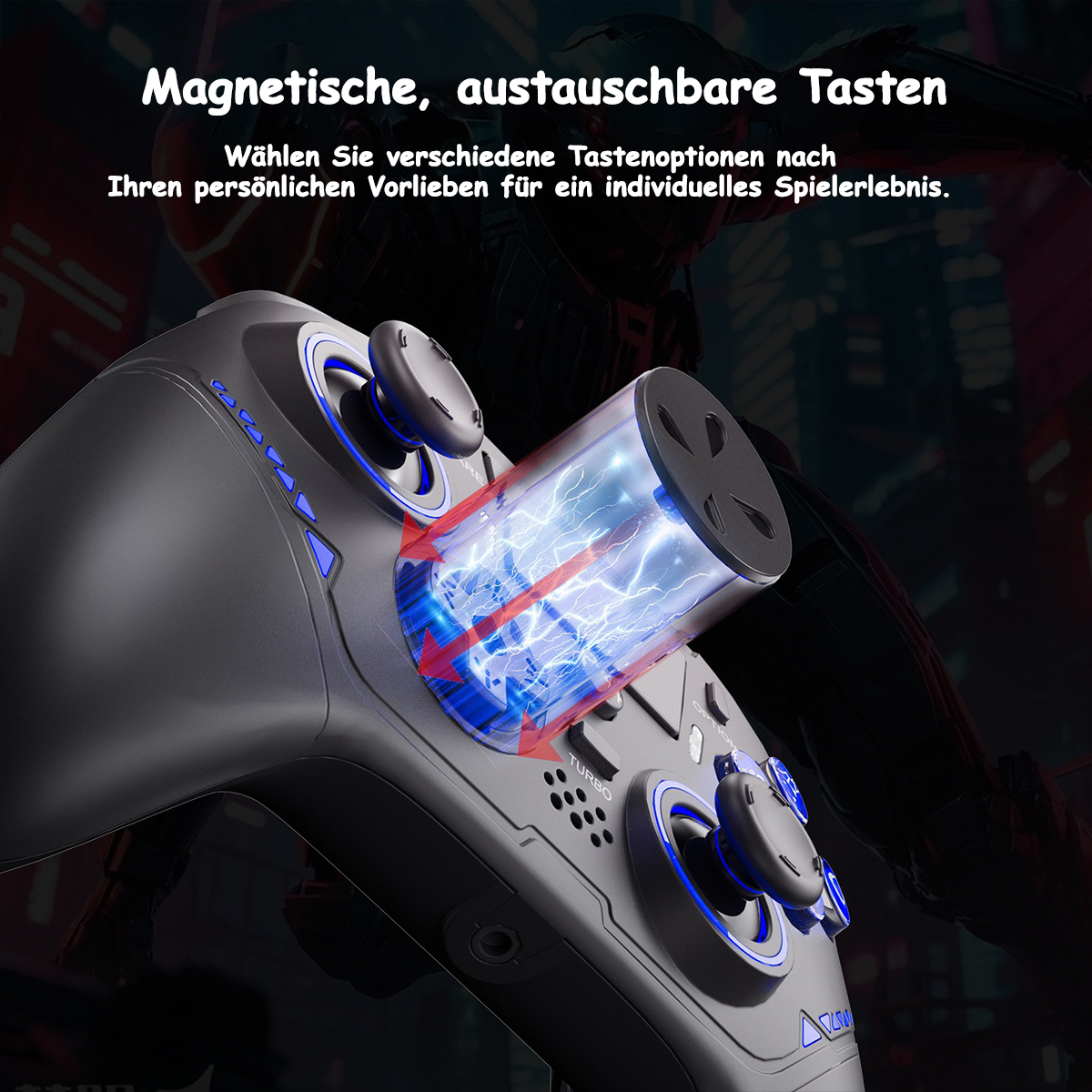 Schwarzer Gaming-Controller mit blauen Lichtern und einem durchsichtigen Zylinder mit Blitzen.