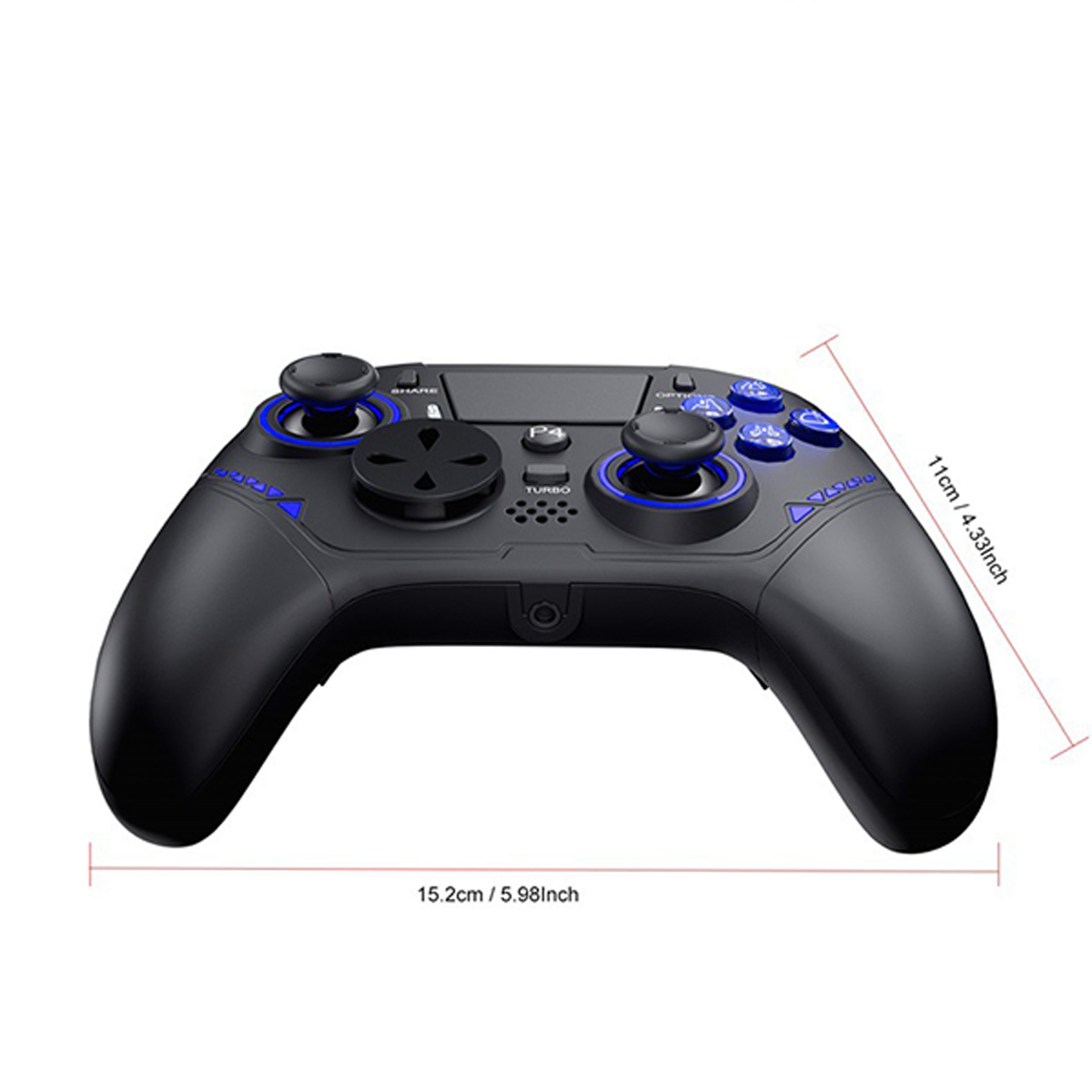Schwarzer Controller mit blauen Akzenten und analogen Sticks. Maße sind angegeben.