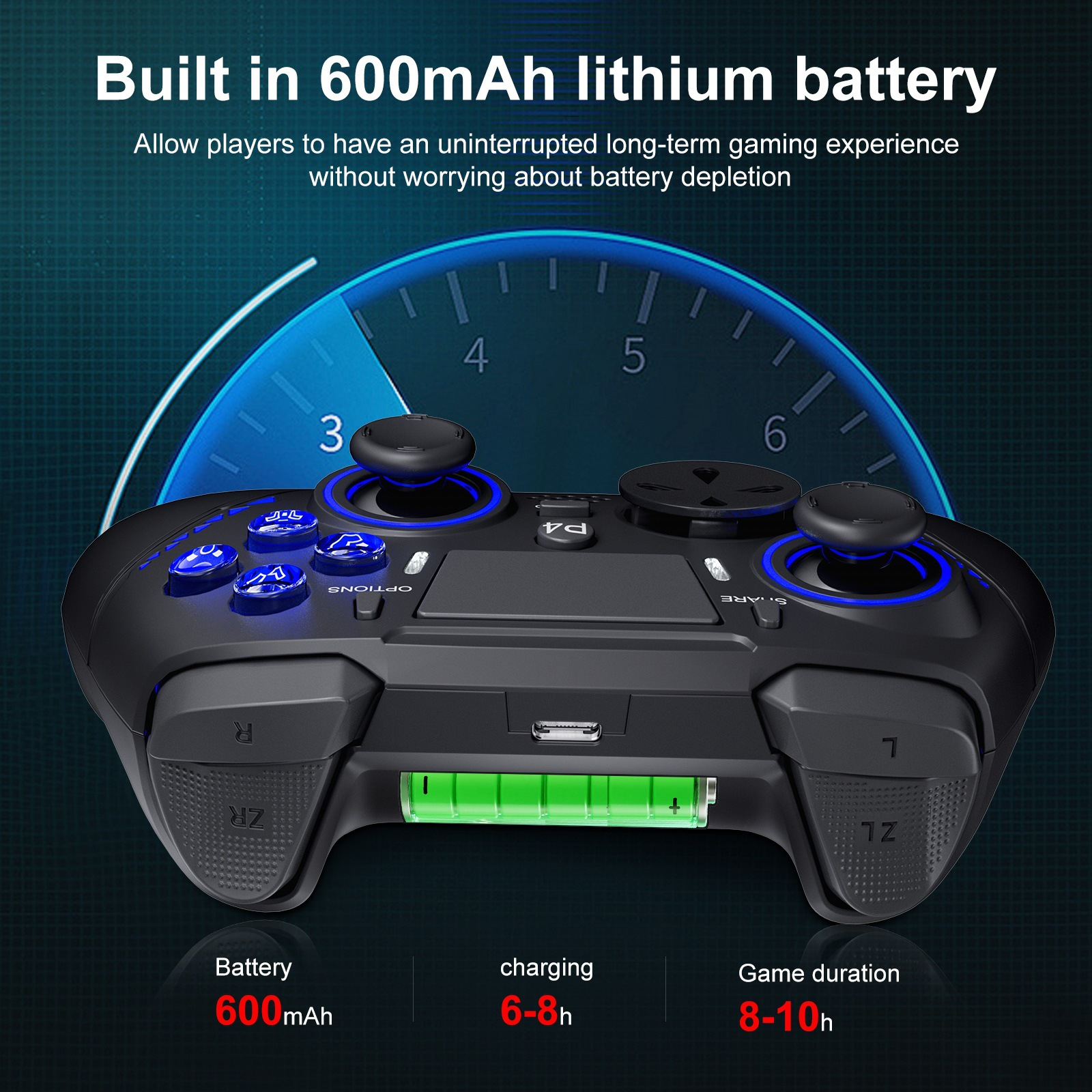 Schwarzer Gaming-Controller mit blauen Lichtern und Batteriestatusanzeige.