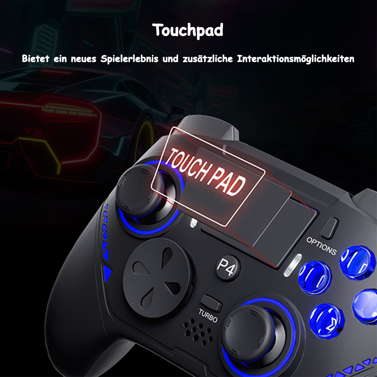 Schwarzer Gamecontroller mit blauen Lichtern und Touchpad, im Hintergrund ein leuchtendes Auto.