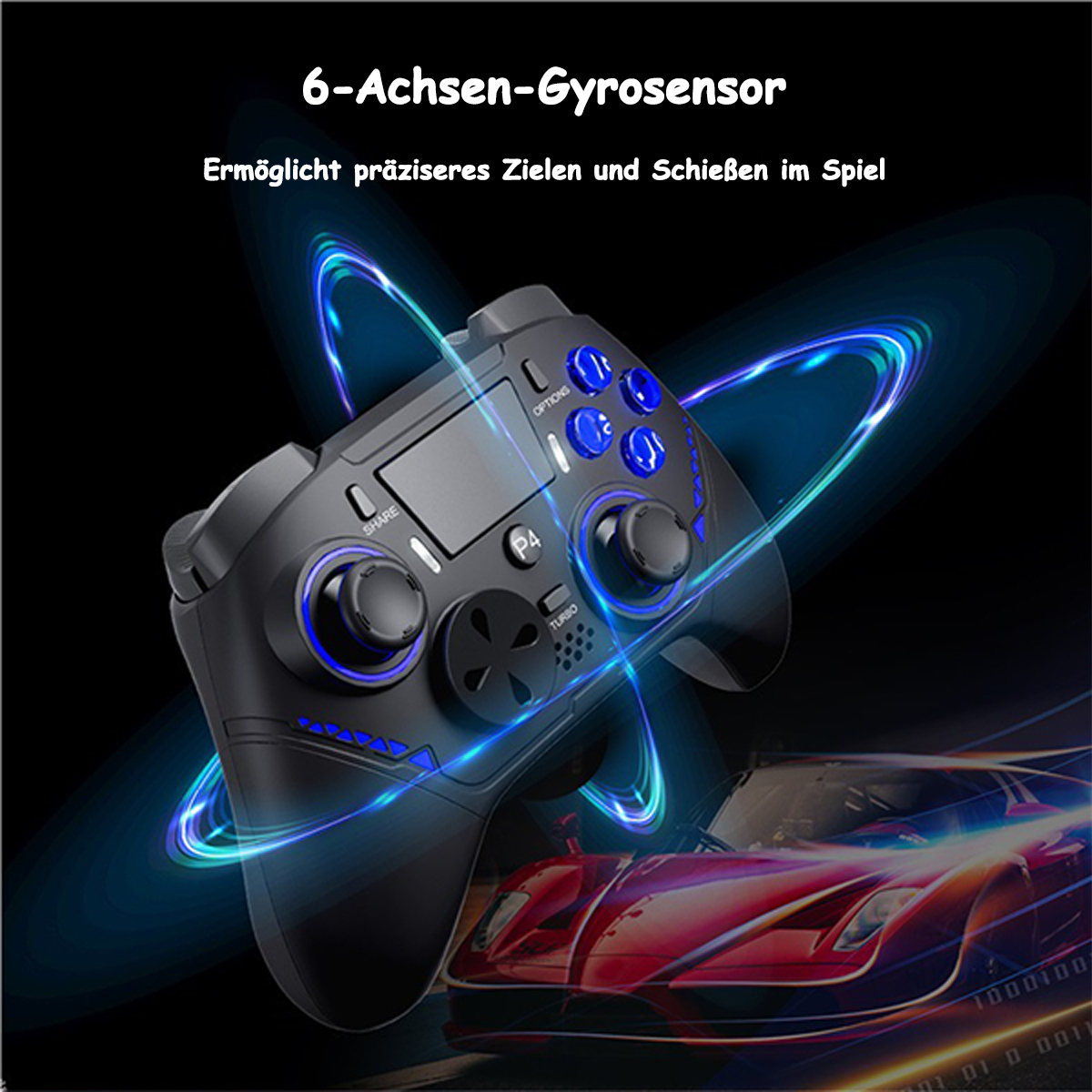 Ein schwarzer Gamecontroller mit blauen Lichteffekten und einem roten Auto.