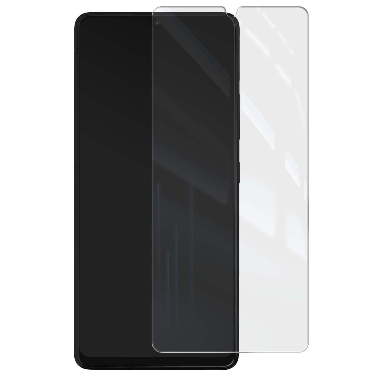 Uno smartphone nero con una protezione per lo schermo accanto.