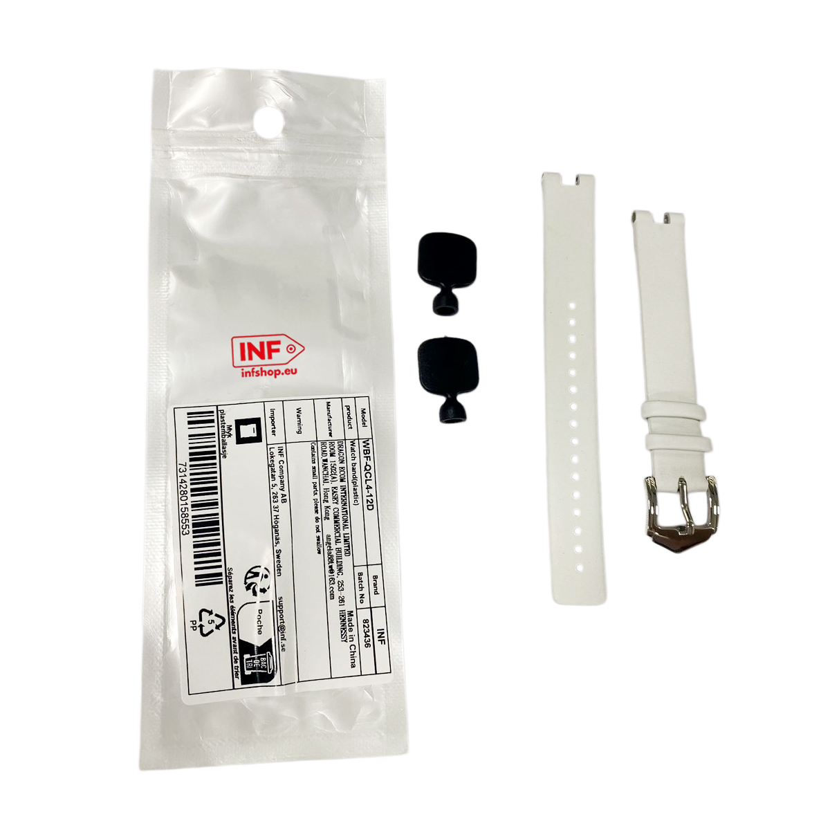 Weiße Uhrenarmbänder und zwei schwarze Stecker in einer Verpackung.