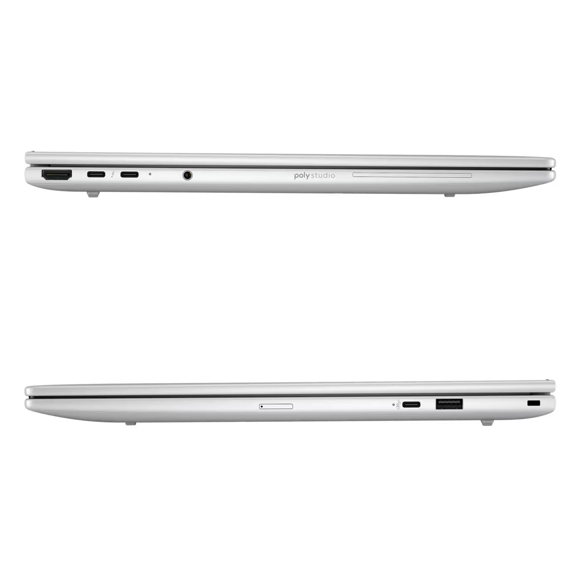Silberner Laptop mit Anschlüssen: HDMI, USB-C, Audio, USB-A.