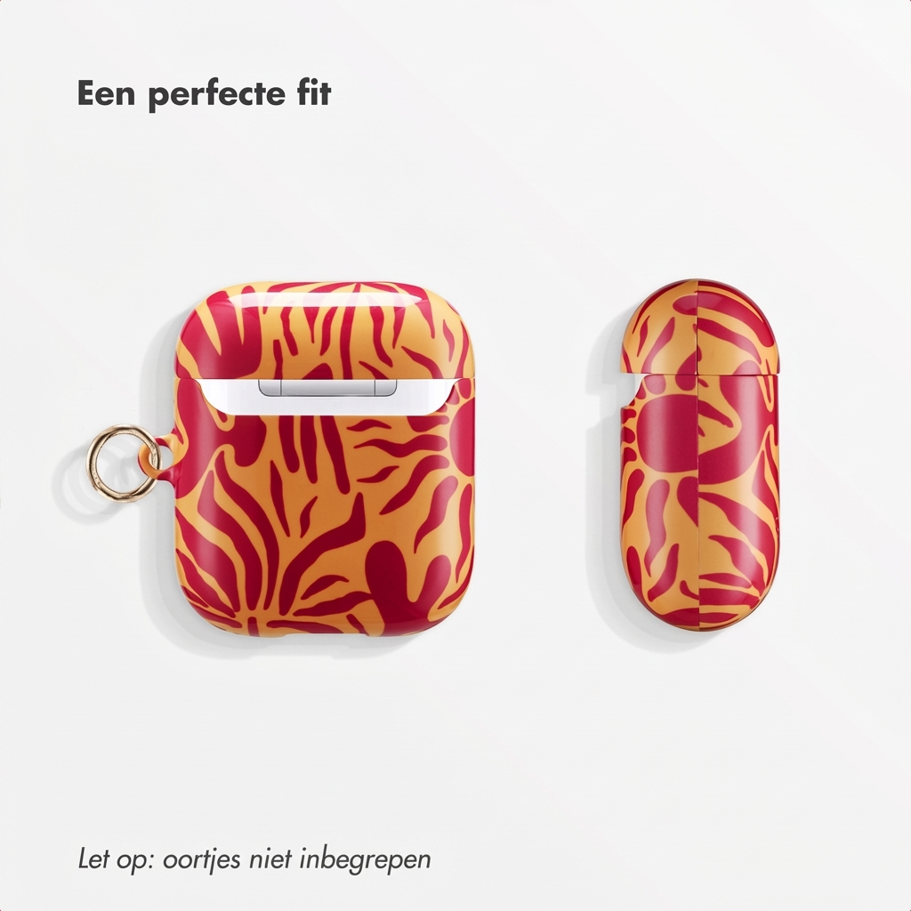 Due custodie arancioni per AirPods con motivi astratti rossi. Una è aperta.