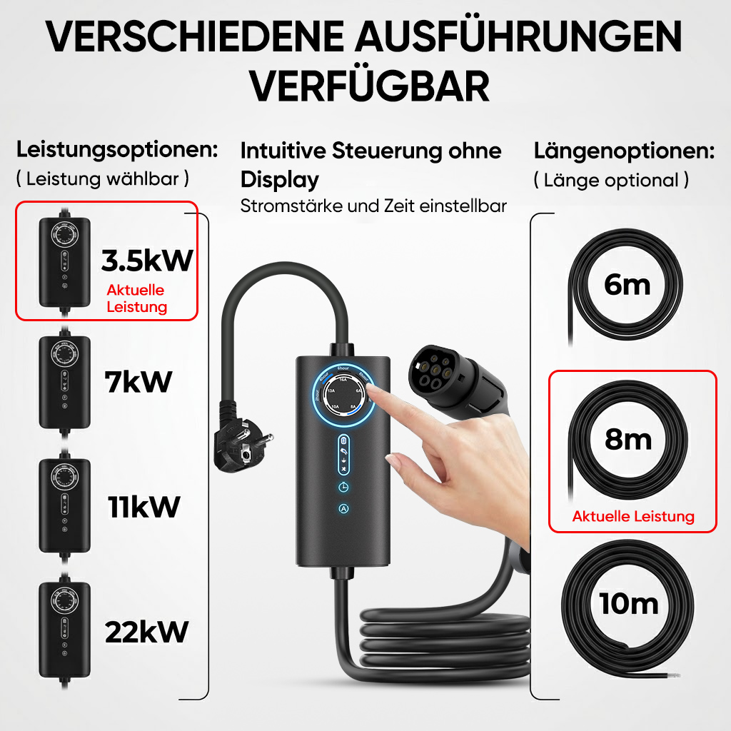 Ladegerät mit wählbarer Leistung (3.5-22kW) und Länge (6-10m).