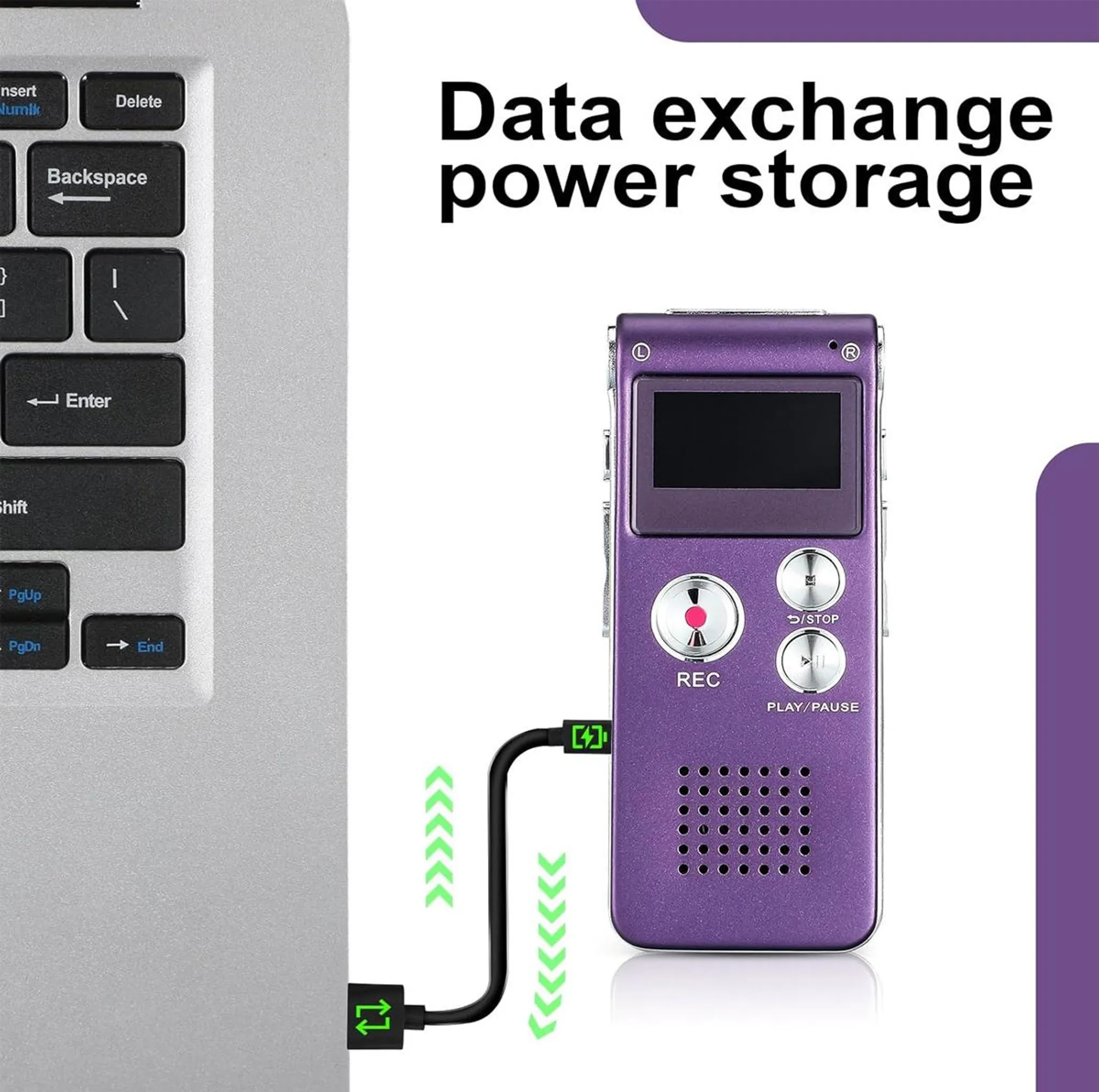 Lila Diktiergerät an Laptop angeschlossen mit USB-Kabel.
