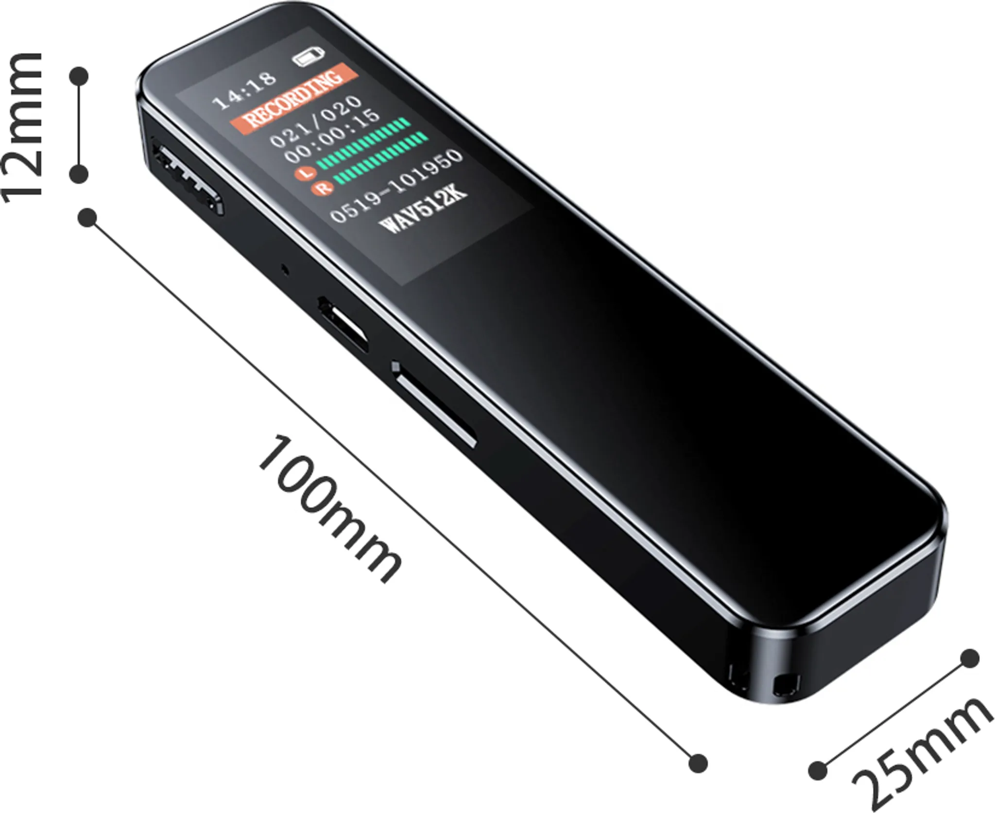 Schwarzer digitaler Rekorder, 100 x 25 x 12 mm, zeigt Aufnahmezeit.