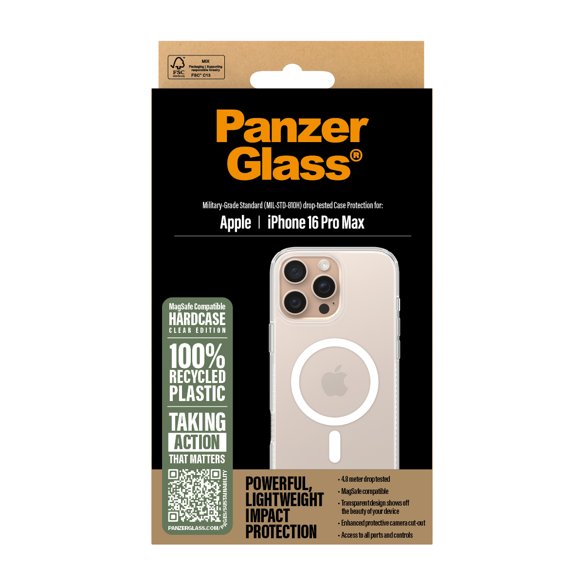 Confezione cover Panzer Glass iPhone 16 Pro Max, trasparente, compatibile MagSafe.
