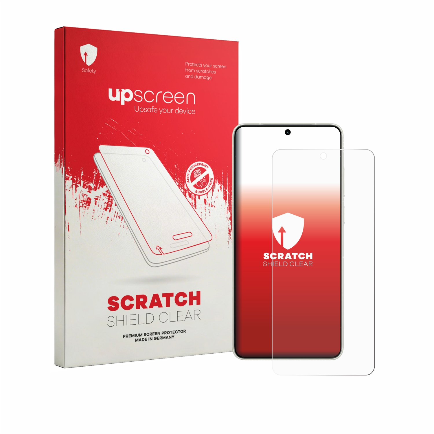 Verpackung und Displayschutzfolie für ein Smartphone, rot-weiß.