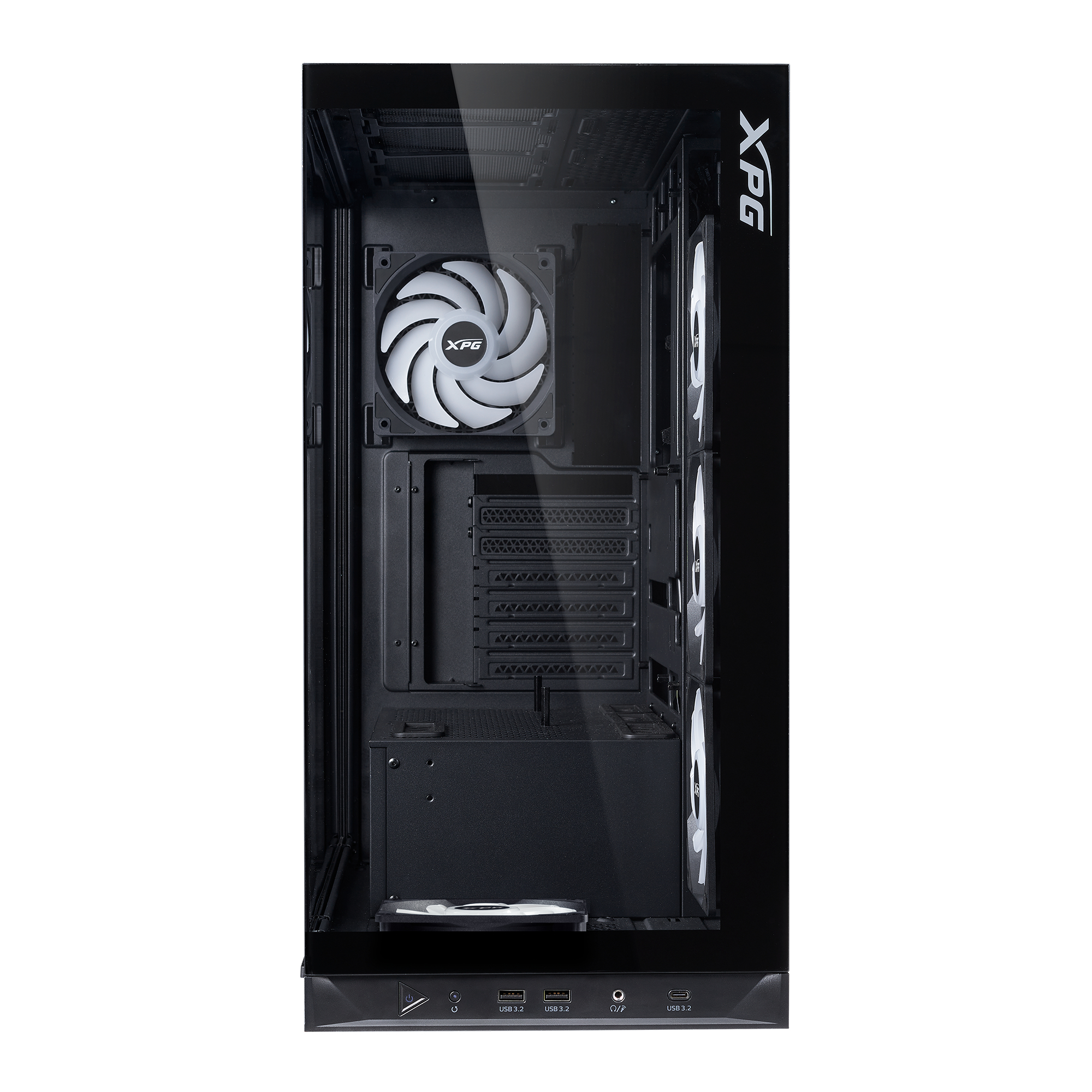 Un case per computer nero con frontale in vetro, ventole e porte.