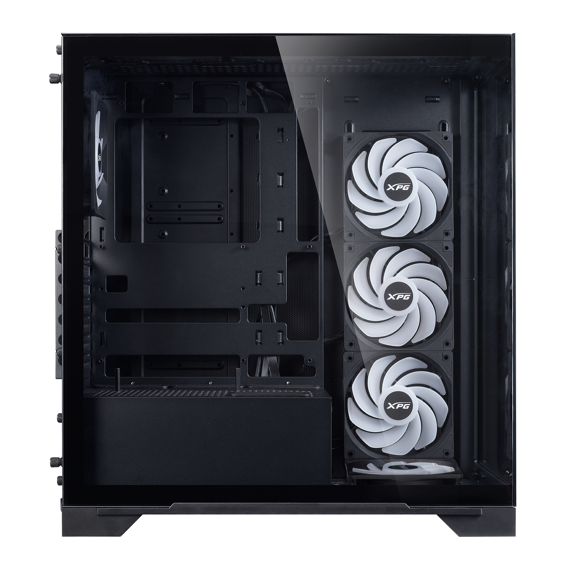 Case per computer nero con tre ventole bianche e frontale in vetro.