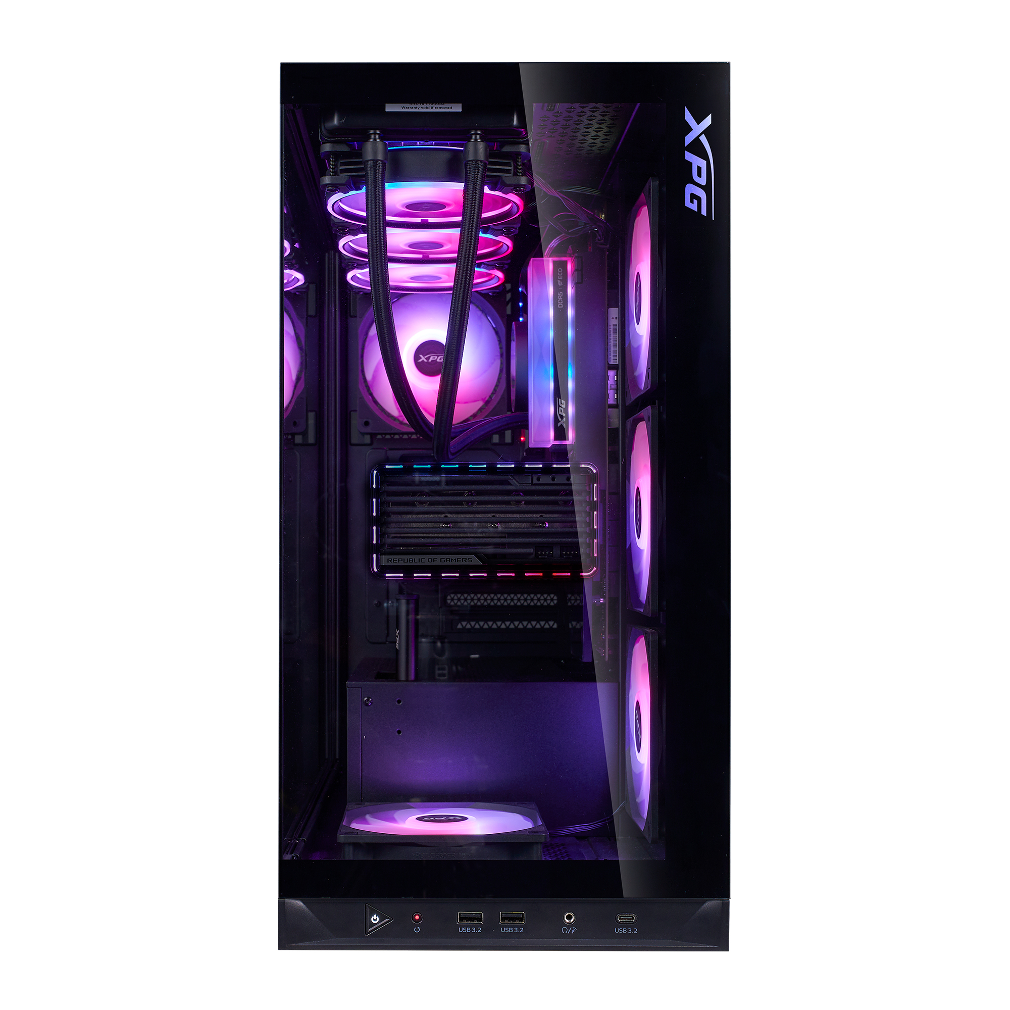 Un case per PC con ventole RGB, raffreddamento a liquido e componenti illuminati.