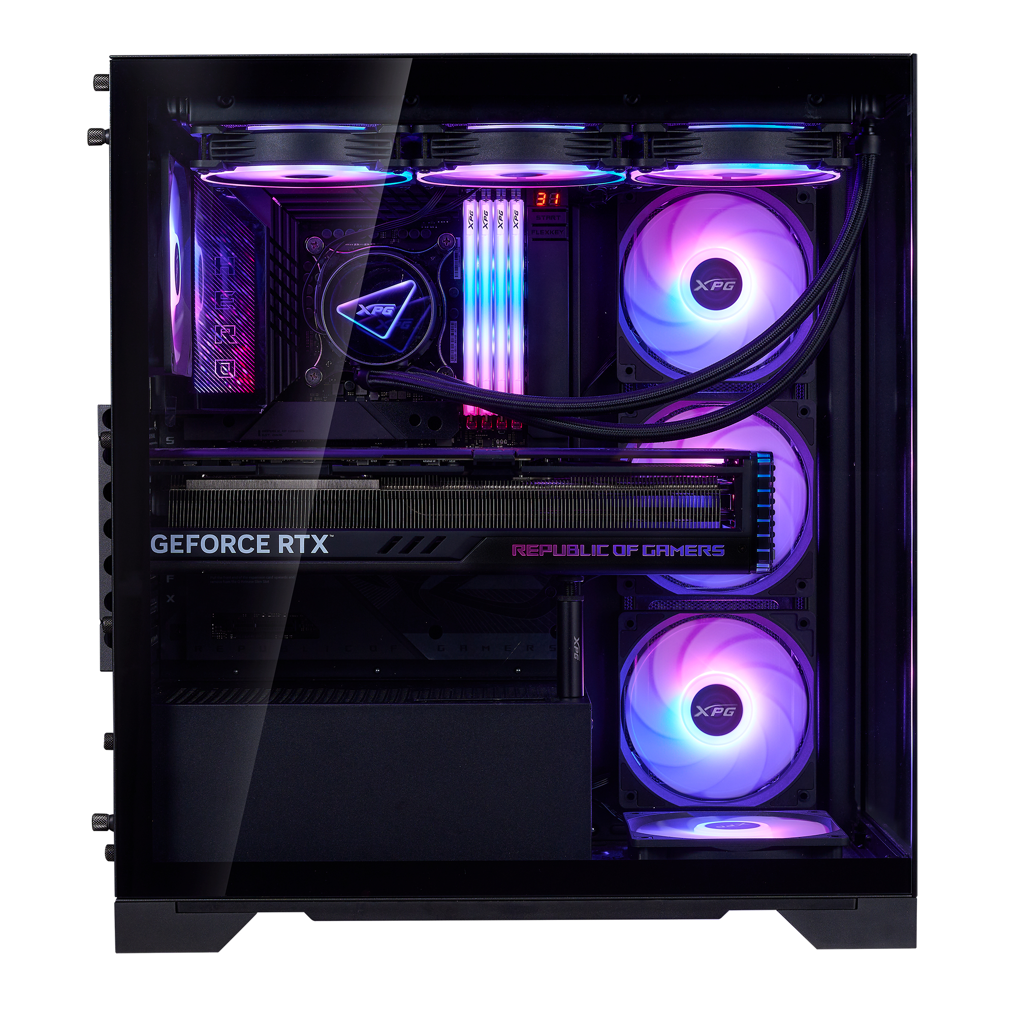 Tower PC nero con illuminazione RGB, che mostra componenti interni come GPU, RAM e ventole.