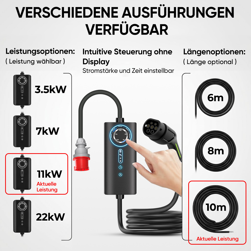 EV Ladegerät mit Leistungs- und Längenoptionen: 3.5-22kW, 6-10m Kabel.