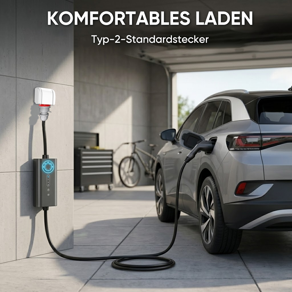 Ein E-Auto wird in einer Garage mit einem Typ-2-Stecker geladen.