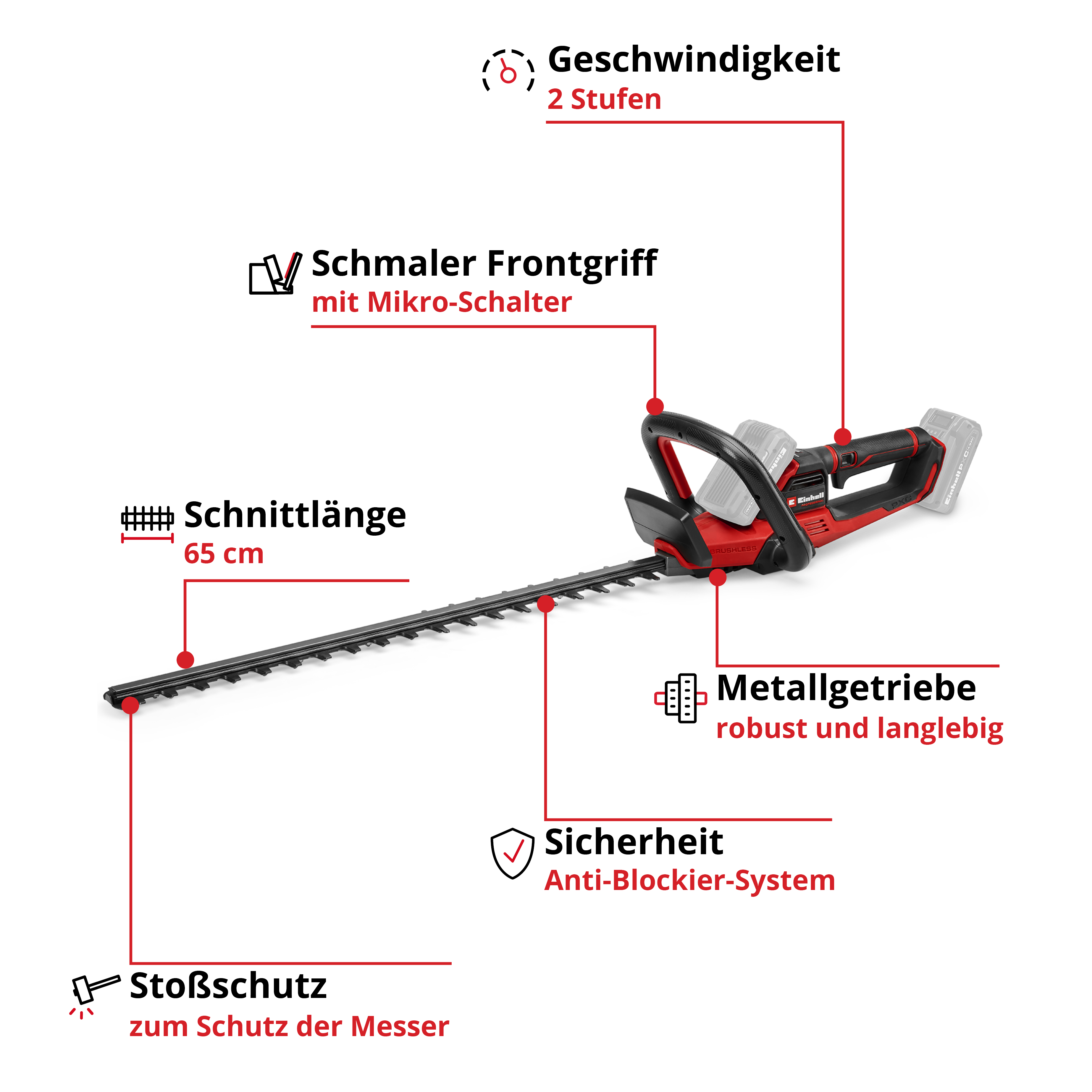 Rote Heckenschere mit 65cm Schnittlänge, 2 Geschwindigkeitsstufen.