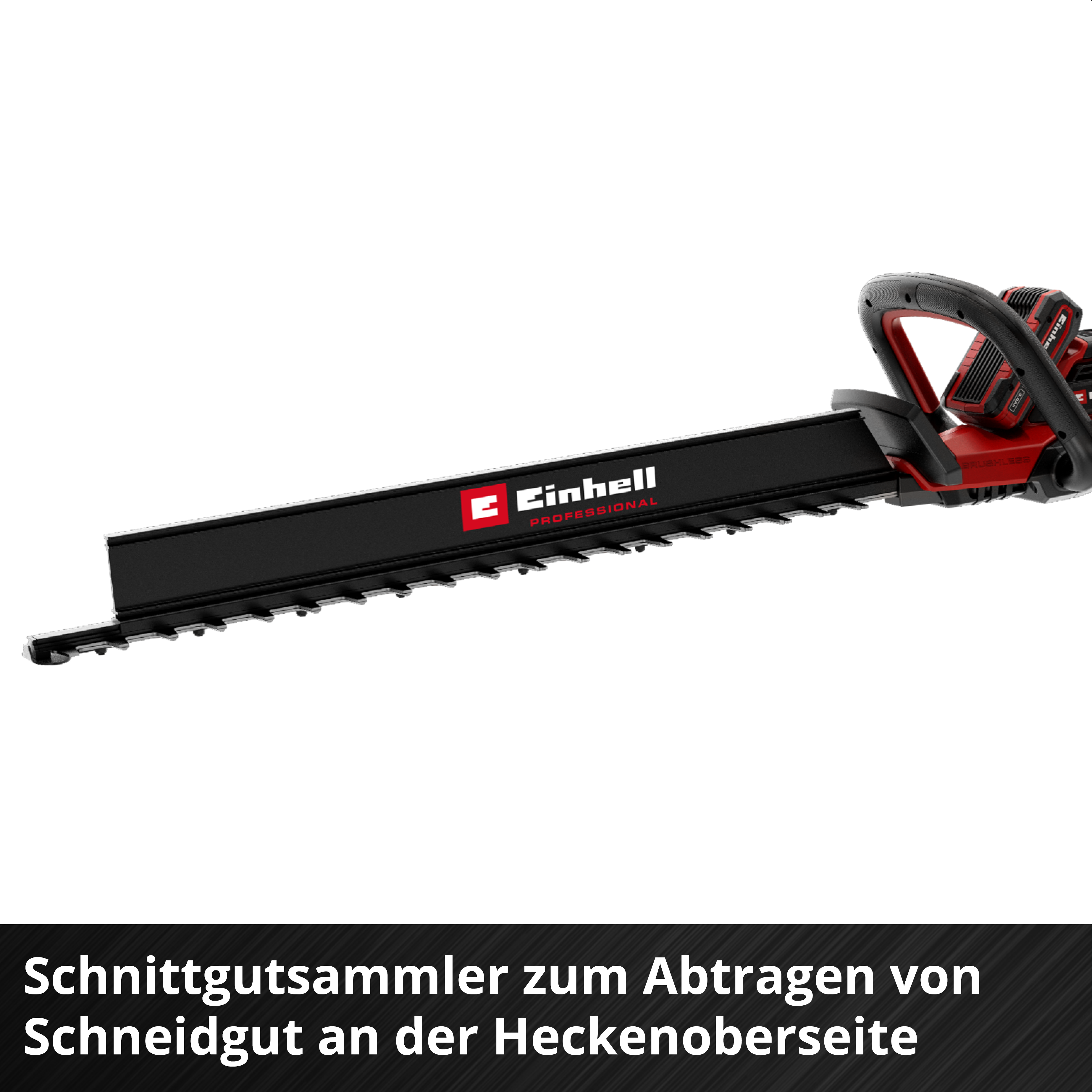 Rote und schwarze Heckenschere mit langer Klinge und Griff.