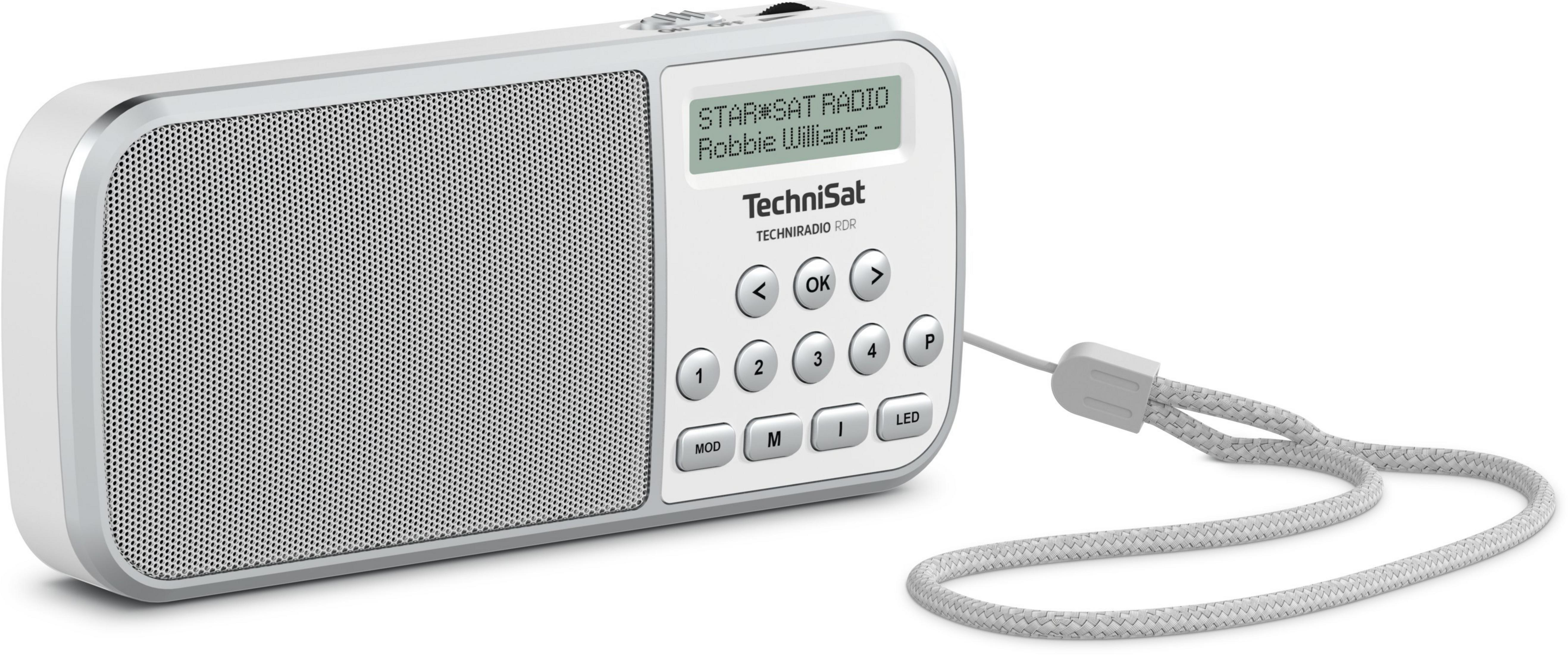 A white TechniSat digital radio with a silver trim and lanyard.