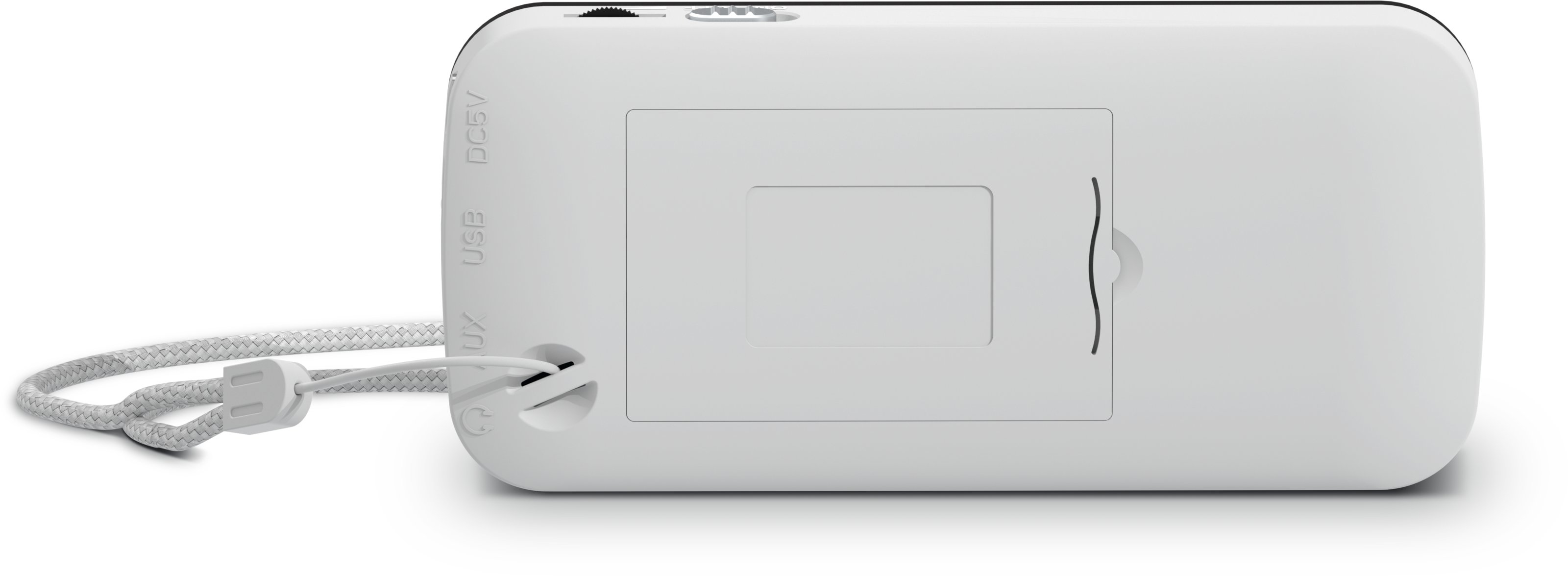 Back of a white device with USB, DC5V, and AUX ports. A white strap is attached.