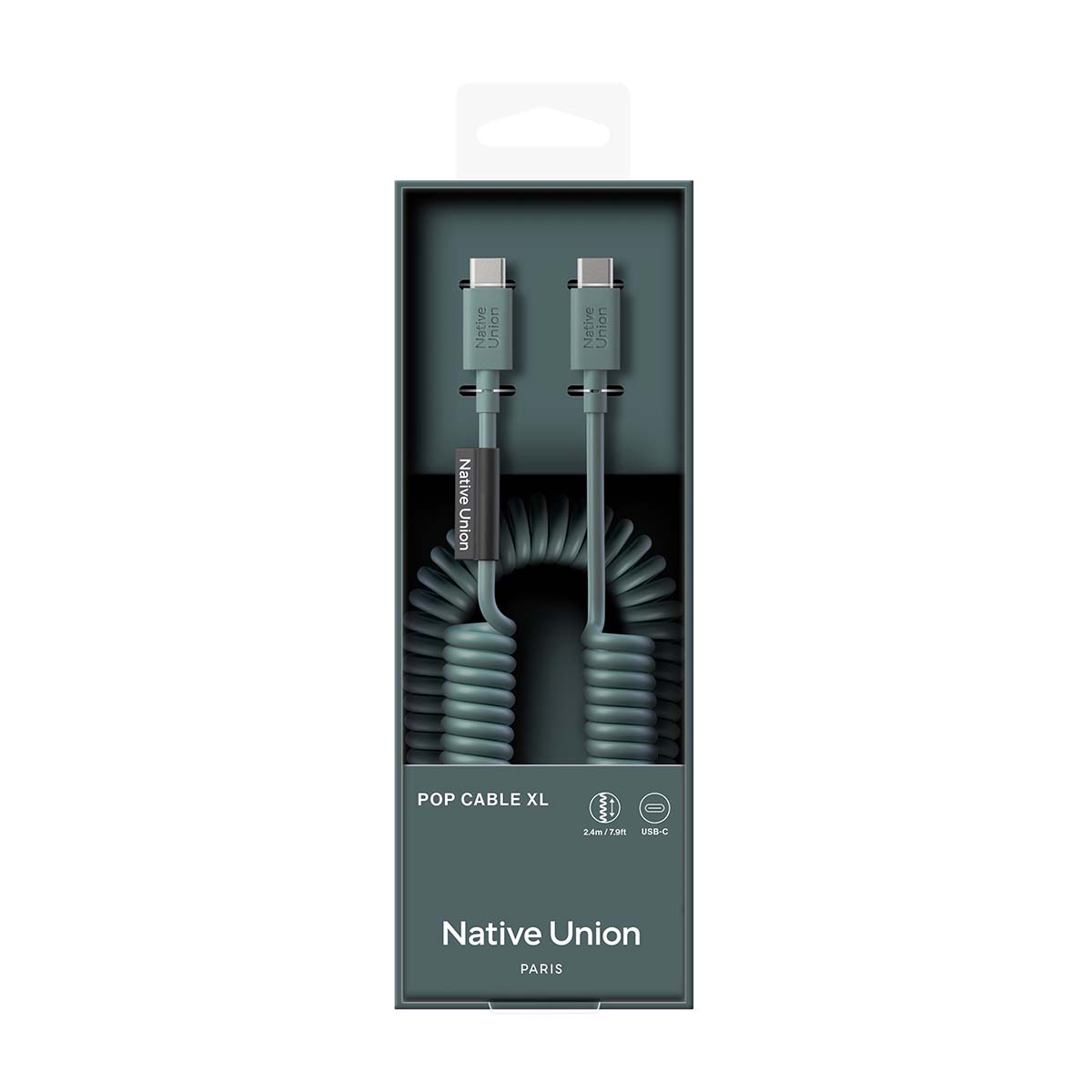 Confezione con cavo USB-C grigio a spirale e logo Native Union.