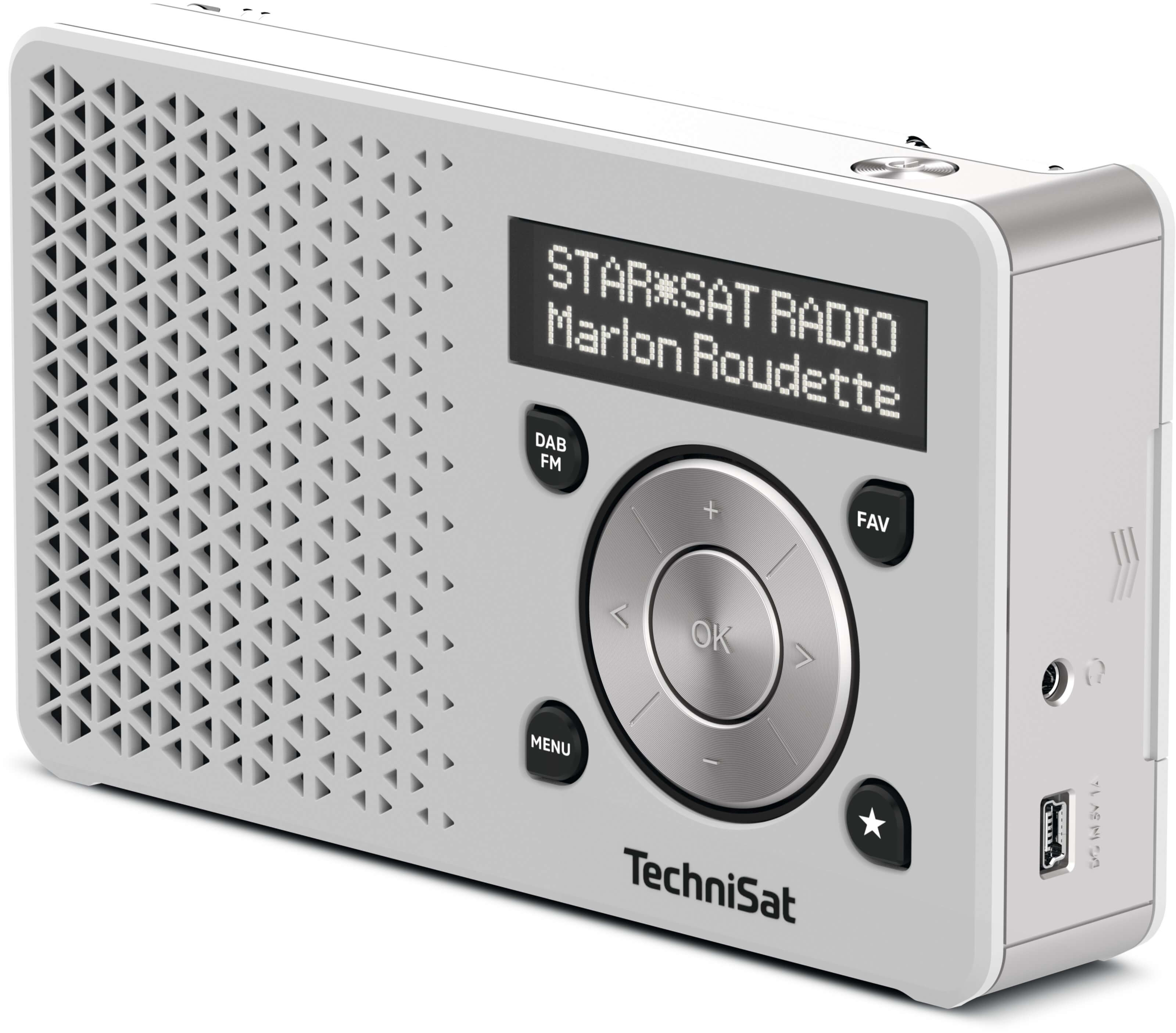 Une radio TechniSat blanche avec un écran affichant "STAR*SAT RADIO Marlon Roudette".