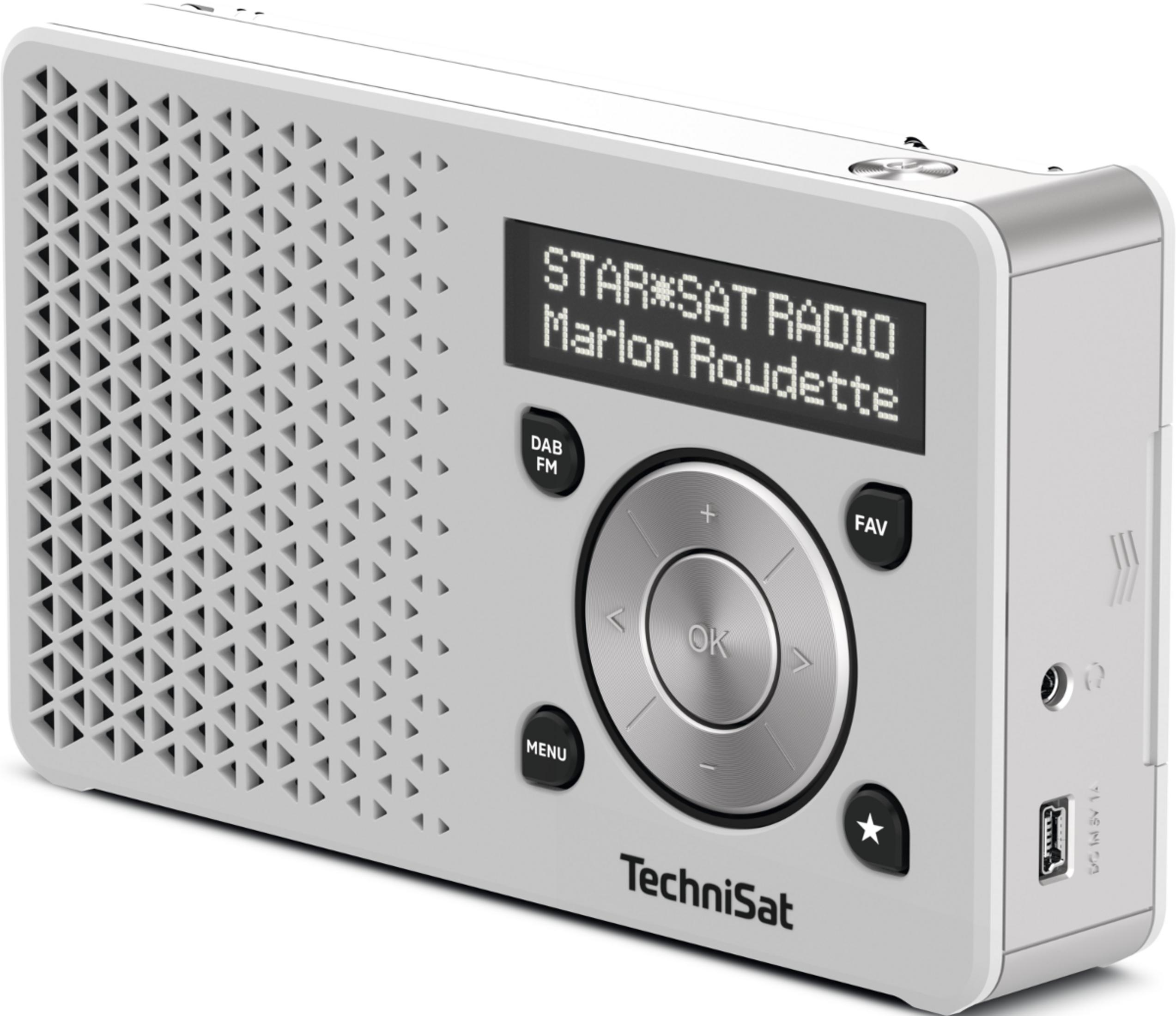 Une radio numérique TechniSat argentée avec motif perforé sur le côté gauche.