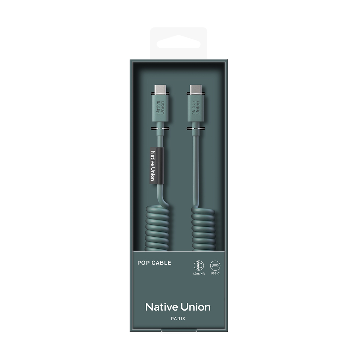 Cavo USB-C verde acqua di Native Union confezionato, con cavo arrotolato.