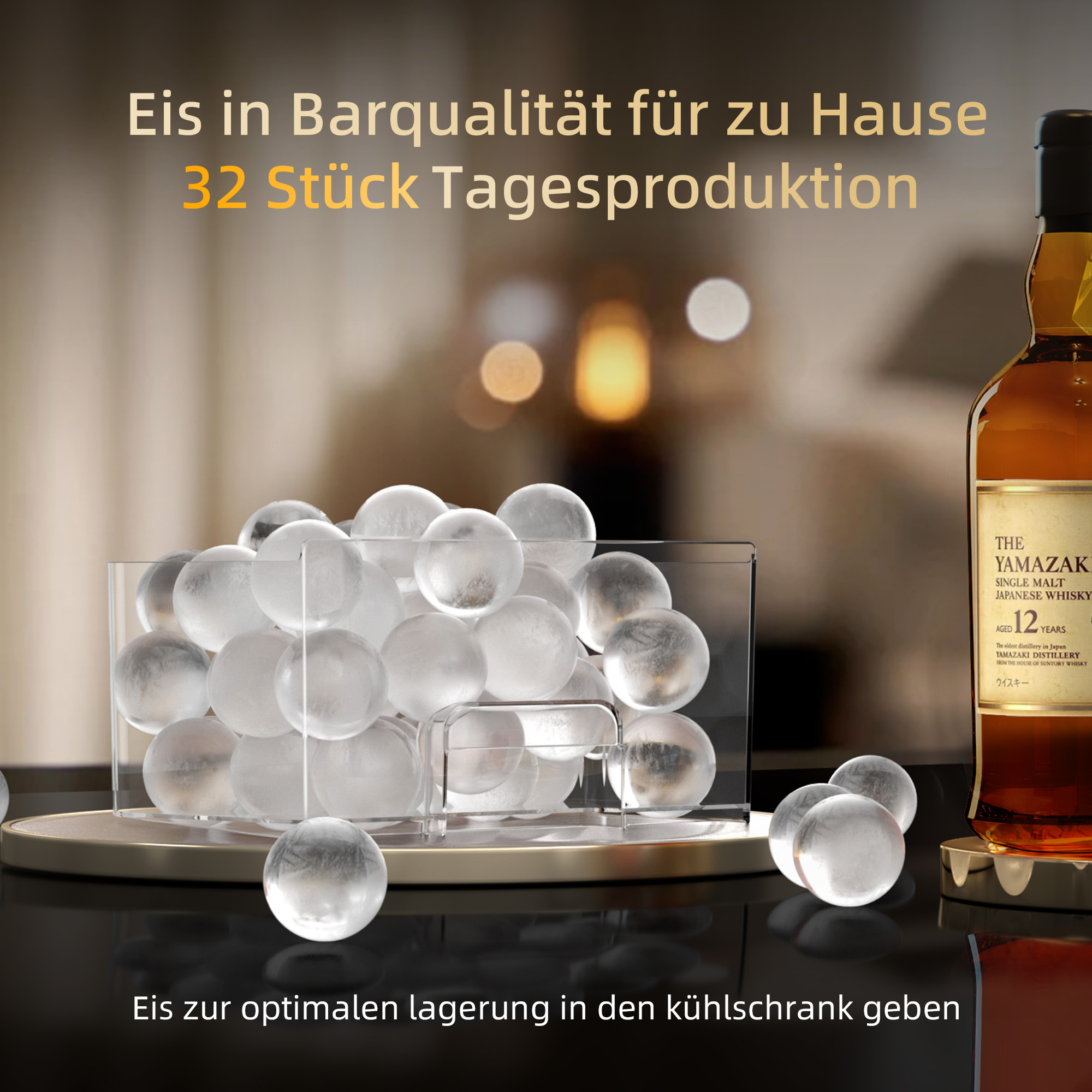 Klarer Eisbehälter mit runden Eiswürfeln und einer Flasche Yamazaki Whisky.