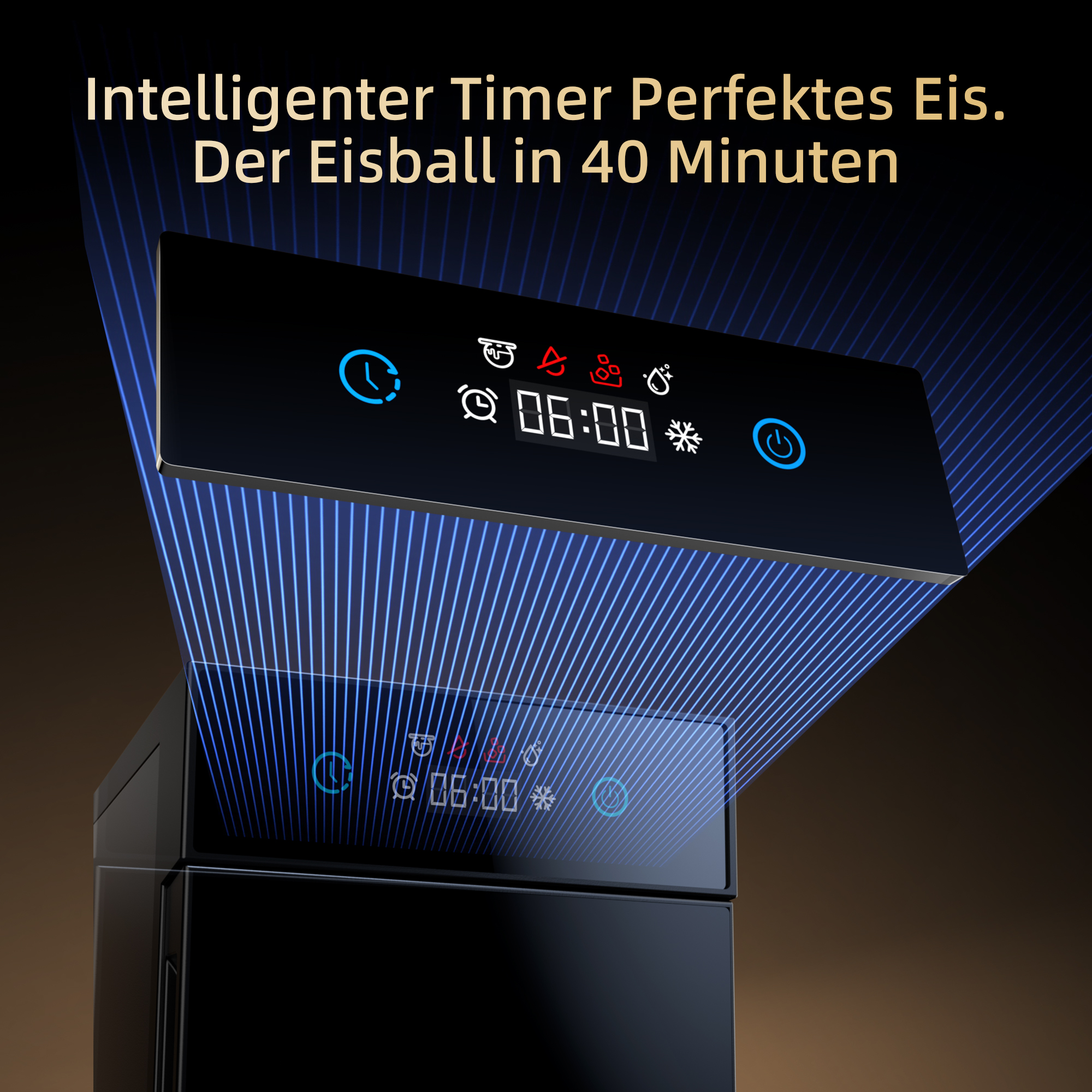 Ein schwarzer Eisbereiter mit digitaler Anzeige, die 06:00 zeigt.