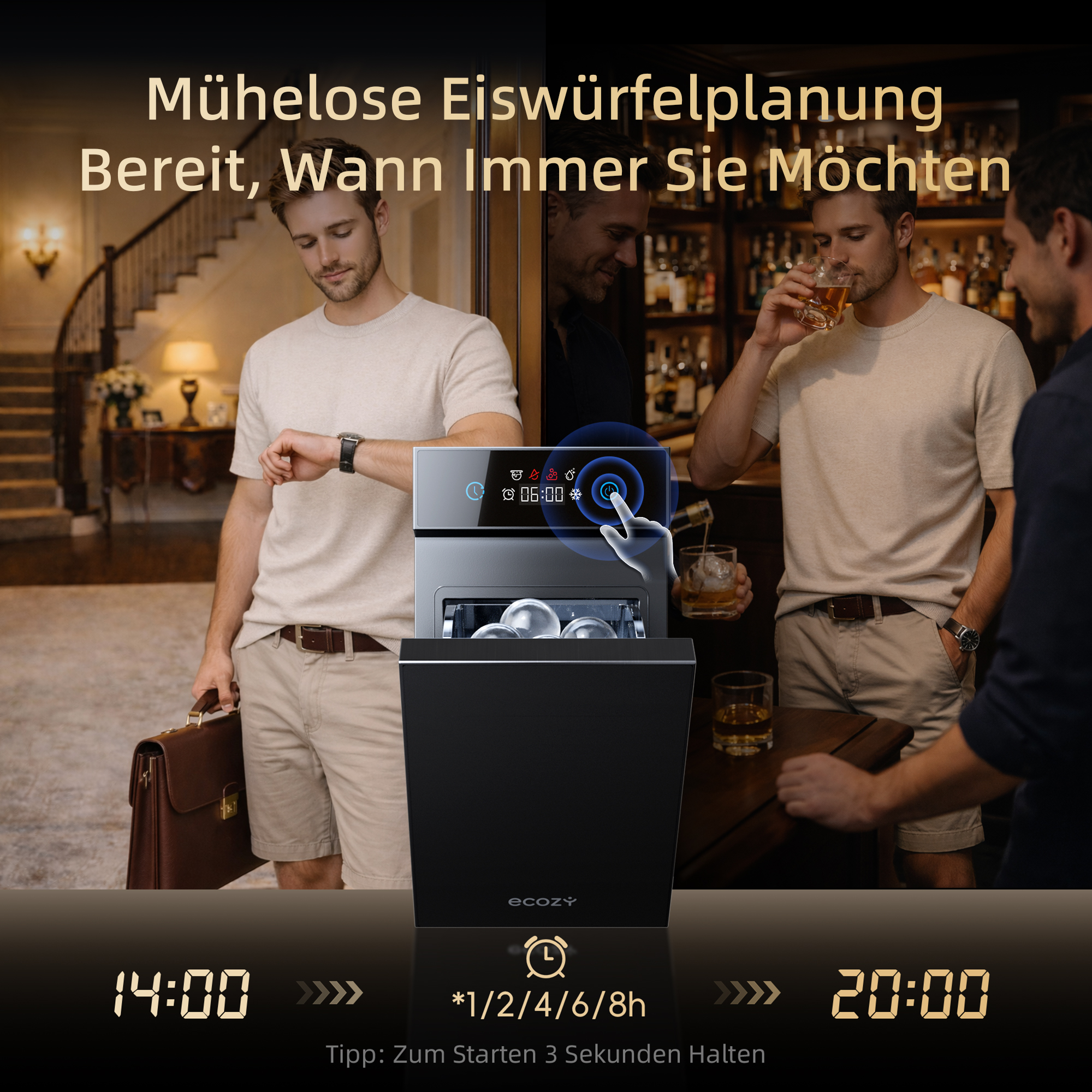 Männer in einem Haus und einer Bar mit einer Eismaschine. Zeiten 14:00 und 20:00.