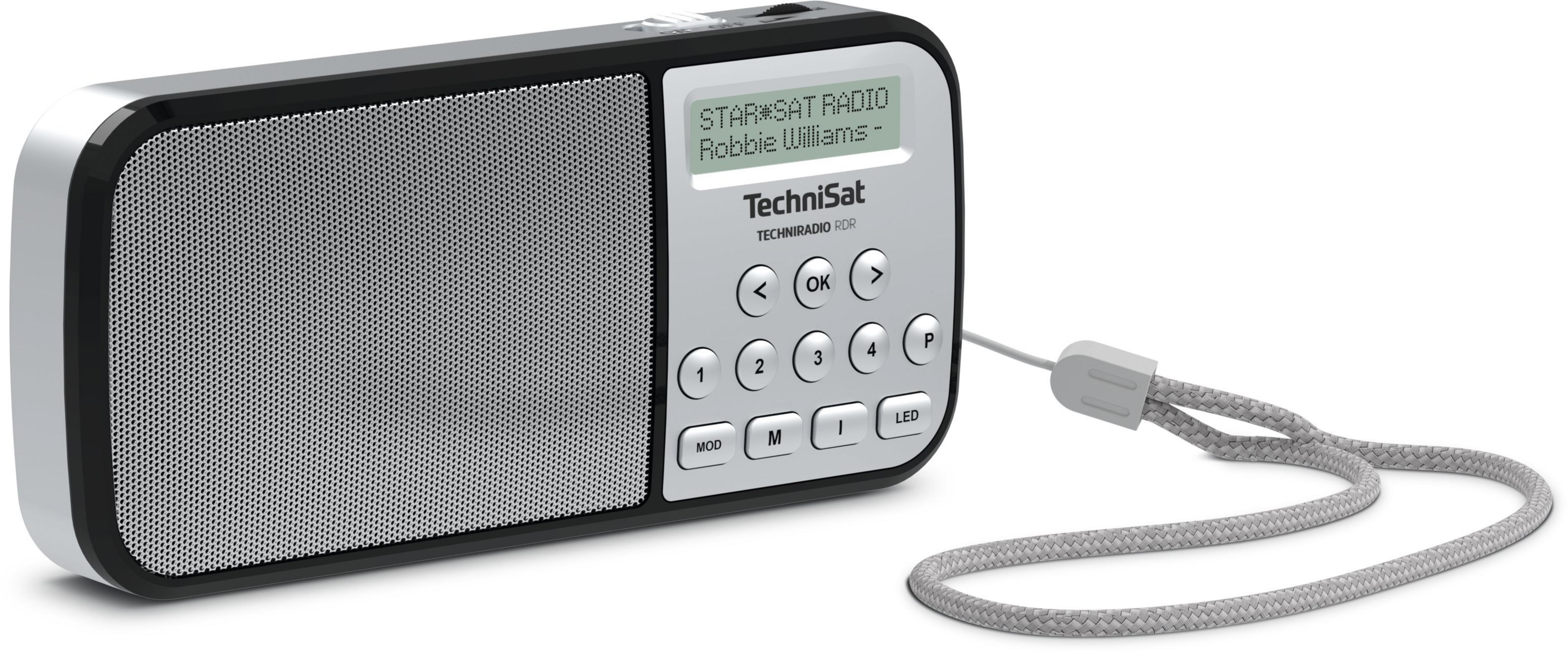 A silver and black TechniSat radio with a cord on the side.