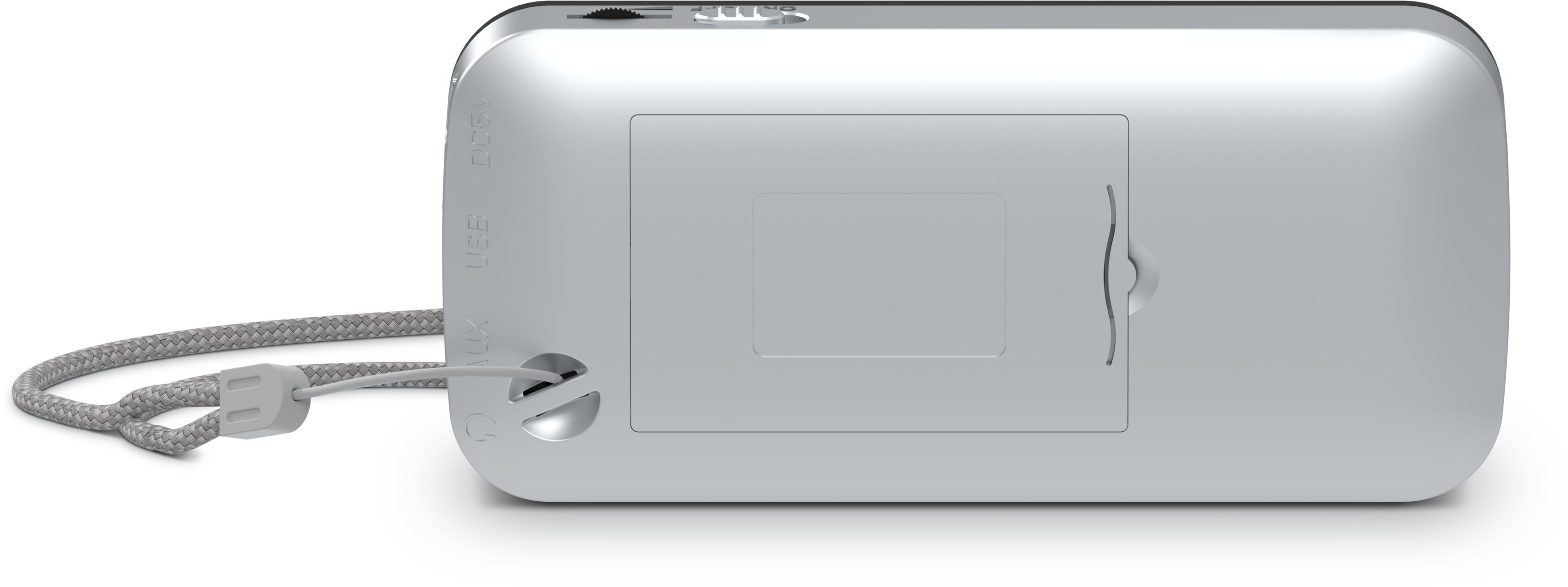 Silver gadget with ports (USB, AUX, DC5V) and a braided cable attached.