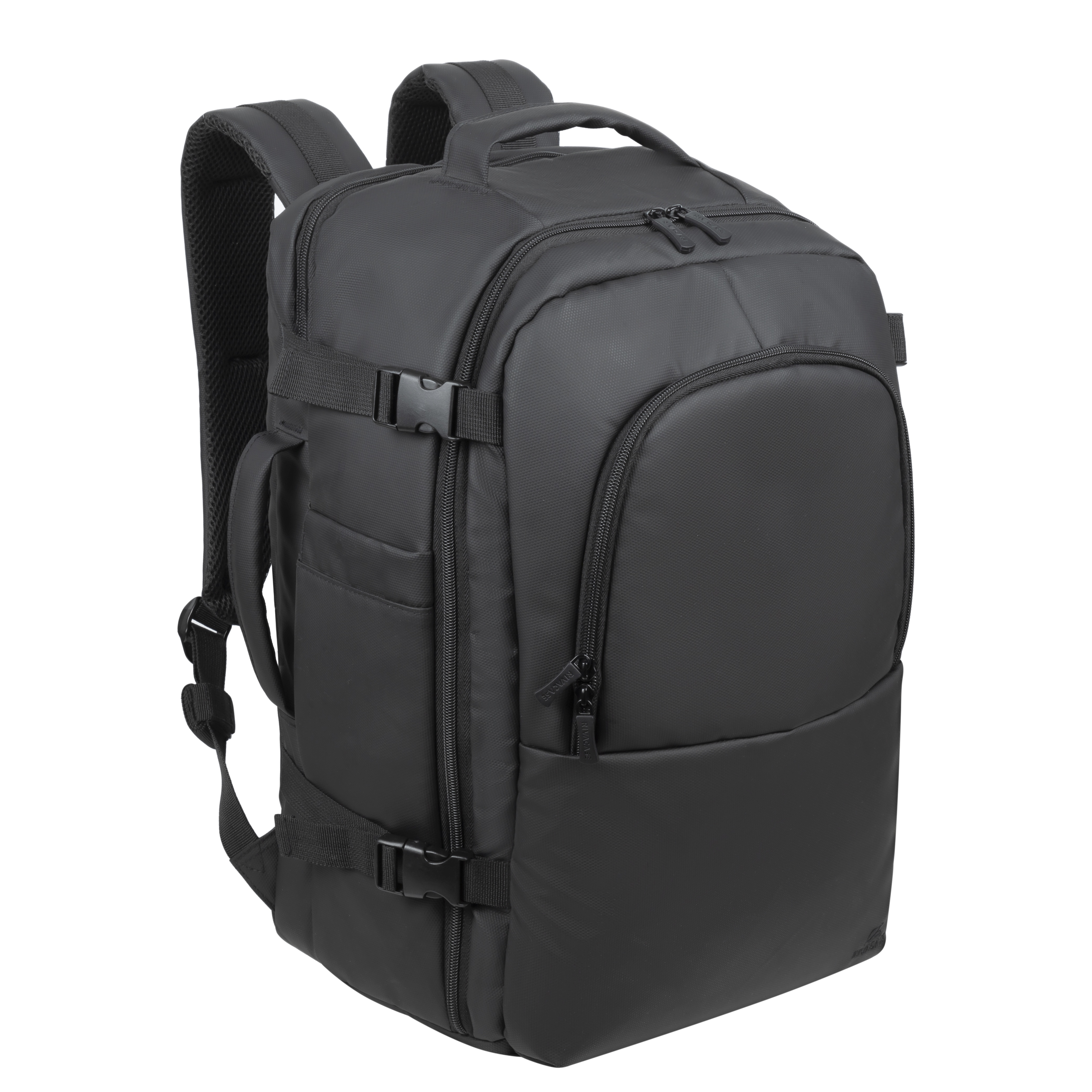 A black backpack with multiple zippers and buckles, set against a white background.