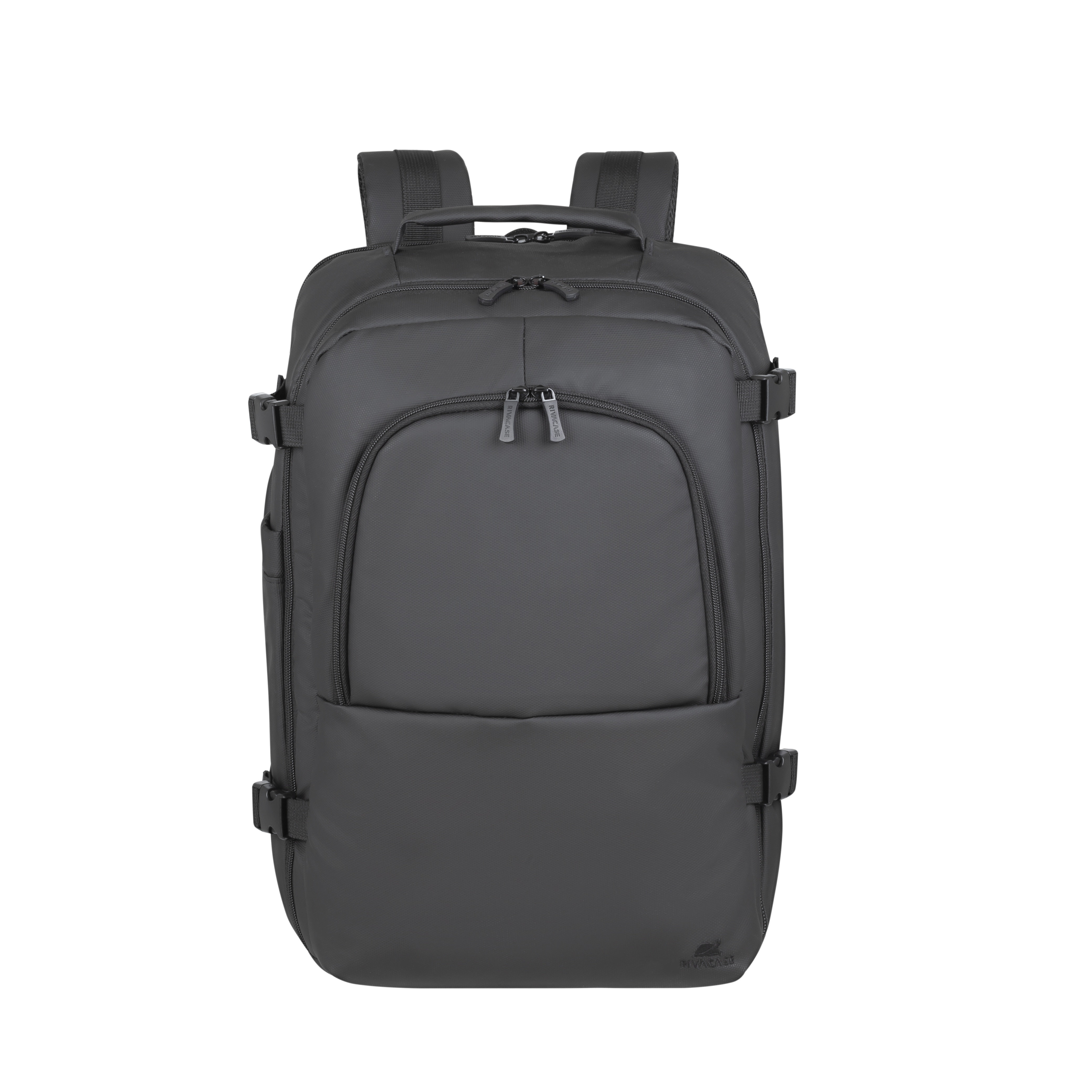 A black backpack with zippers and buckles, set against a white background.