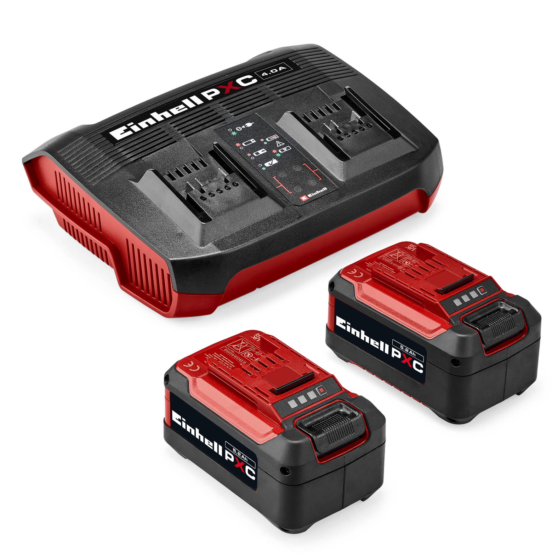 Ein schwarzes und rotes Ladegerät mit zwei Akkus von Einhell PXC.